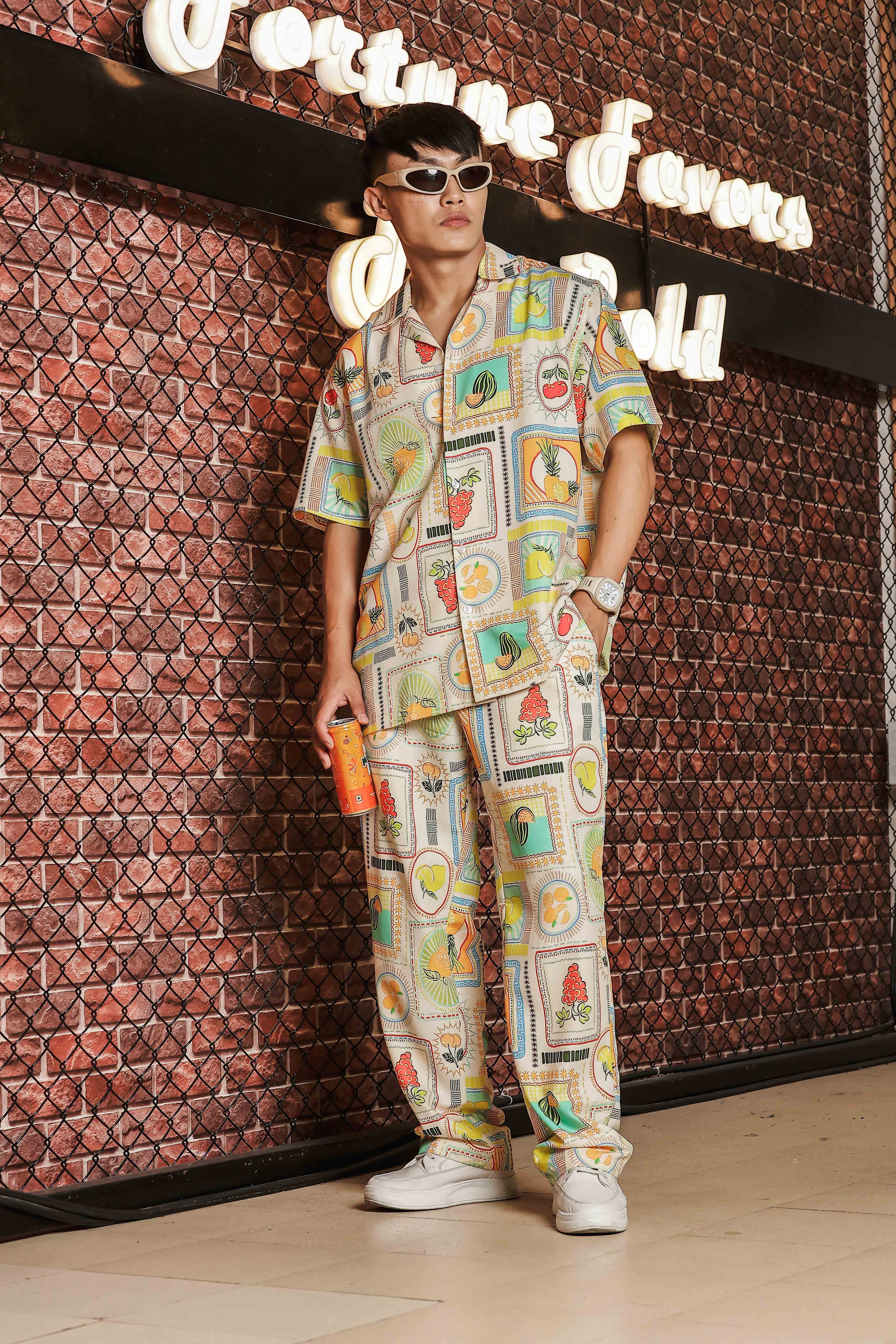 Beige Stamp Print Relaxed Fit Cuban Shirt & All Day Pant Co-Ord Set