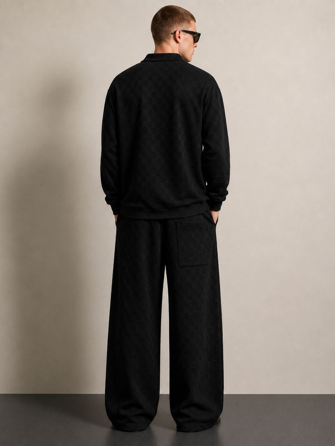 Black Textured Oversized Full Sleeve Polo Neck Tee & Trackpant Co-ord Set