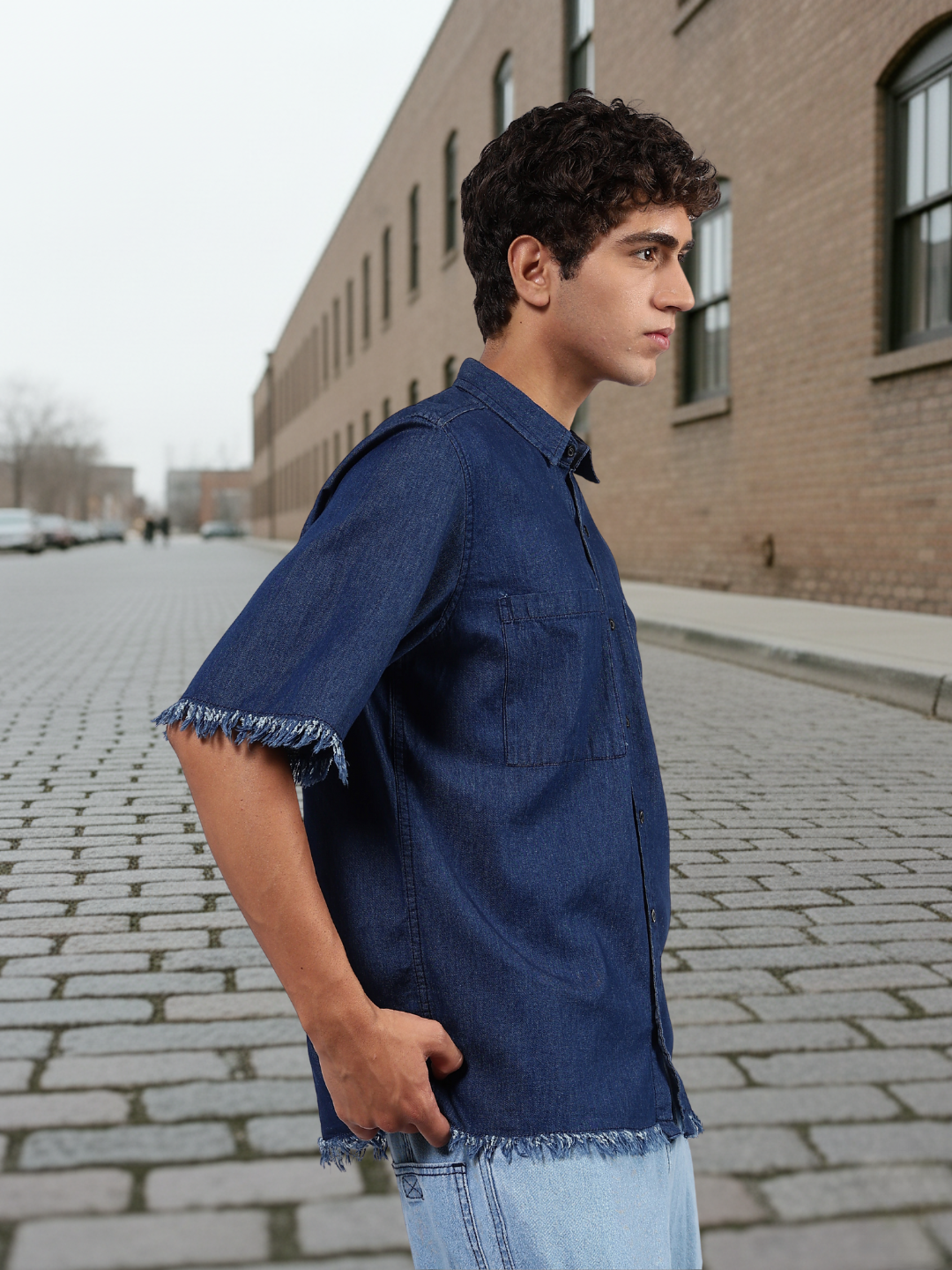 Navy Blue Raw Edge Oversized Box-Fit Spread Collar Premium Denim Shirt