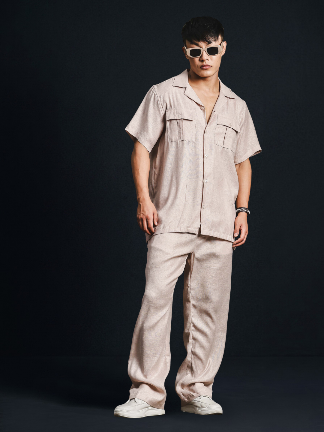 Champagne Pink Solid Linen Blend Gurkha Trousers with Double Pleated Front