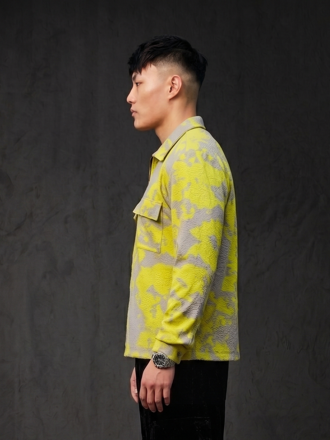 Neon Grey Splatter Abstract Print Textured Drop-Shoulder Relaxed Fit Shirt Zipper Shirt
