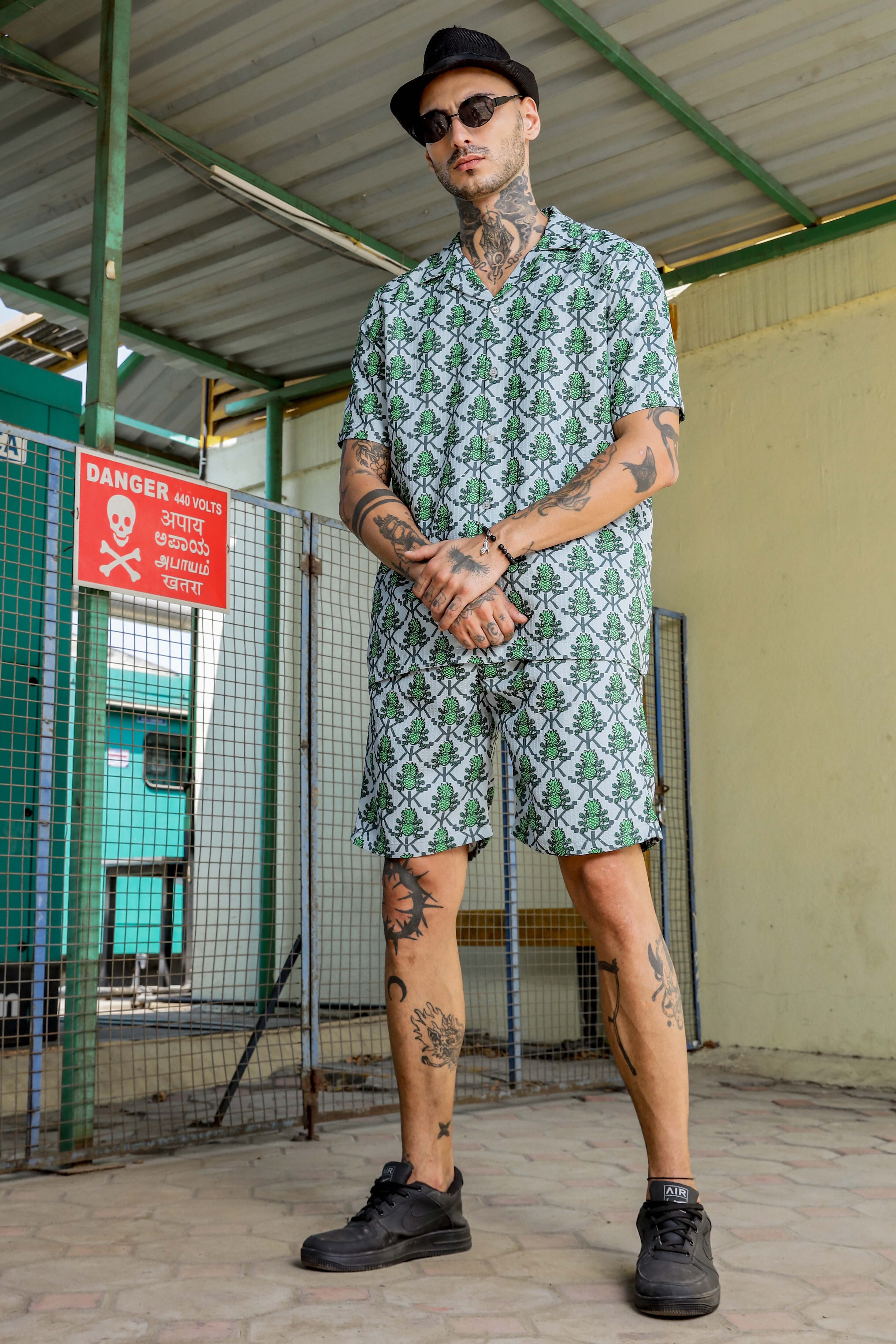 Unisex Green Pineapple Printed and Textured Relaxed Fit Shorts