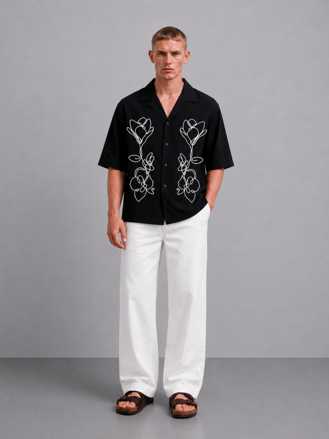 Black Embroidered Relaxed Fit Oversized Half Sleeve Casual Resort Shirt