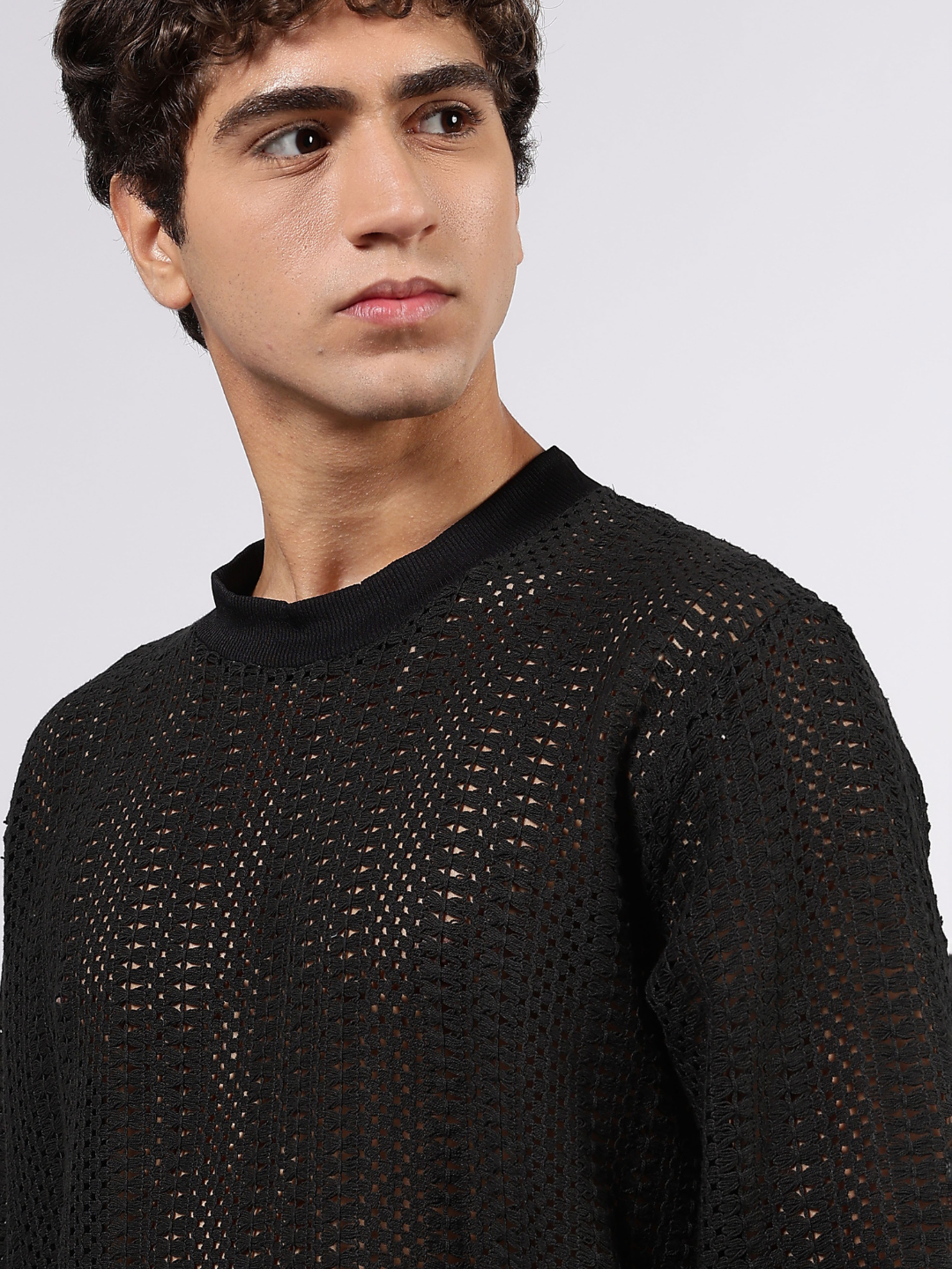 Black Oversized Fit Premium Cotton Crochet Pullover