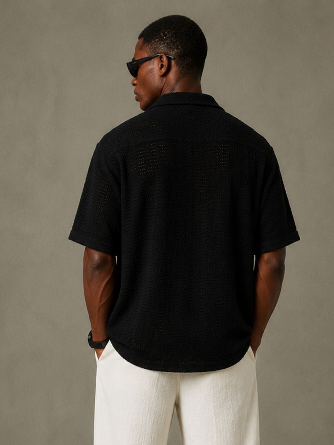 Black Unisex Relaxed Fit Cotton Crochet Resort Shirt