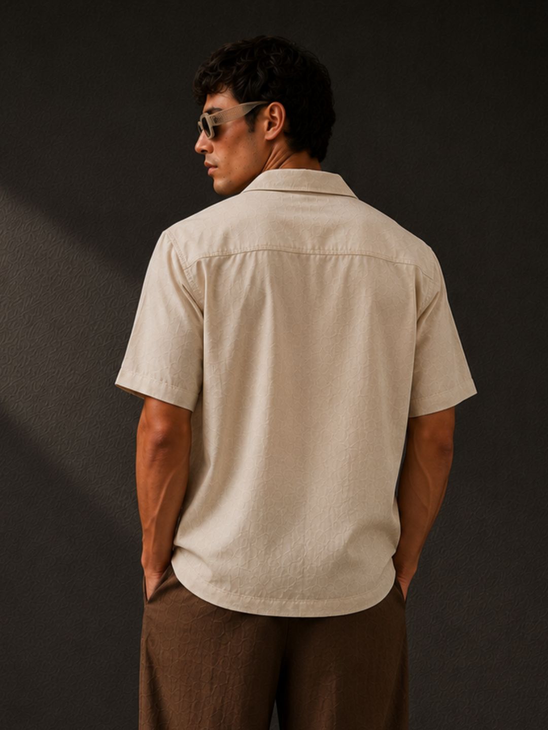 Linen Blend Beige Cuban Collar Classic Relaxed Fit Shirt