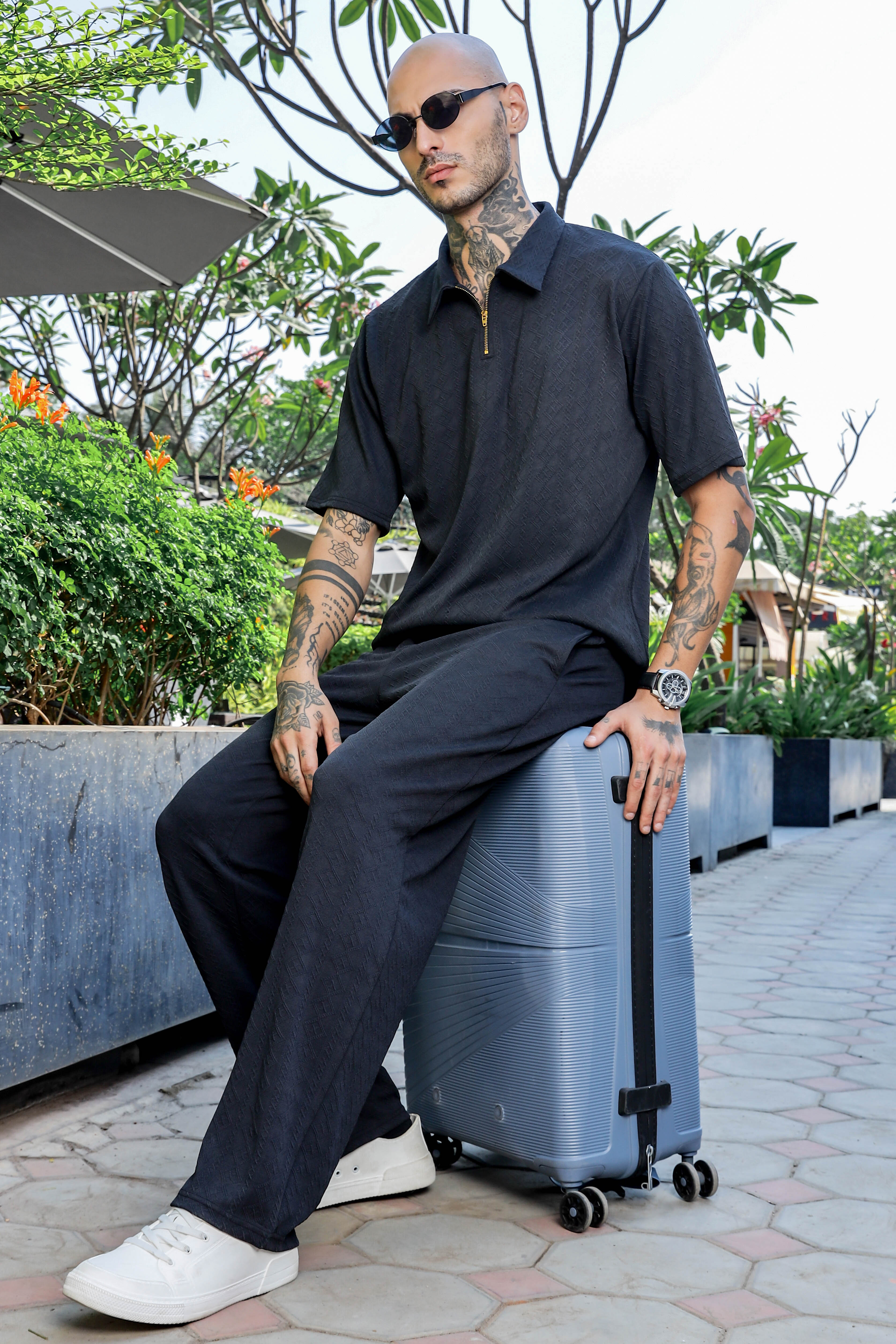 Unisex Black Textured Oversized Polo Neck Tee & Trackpant Co-ord Set