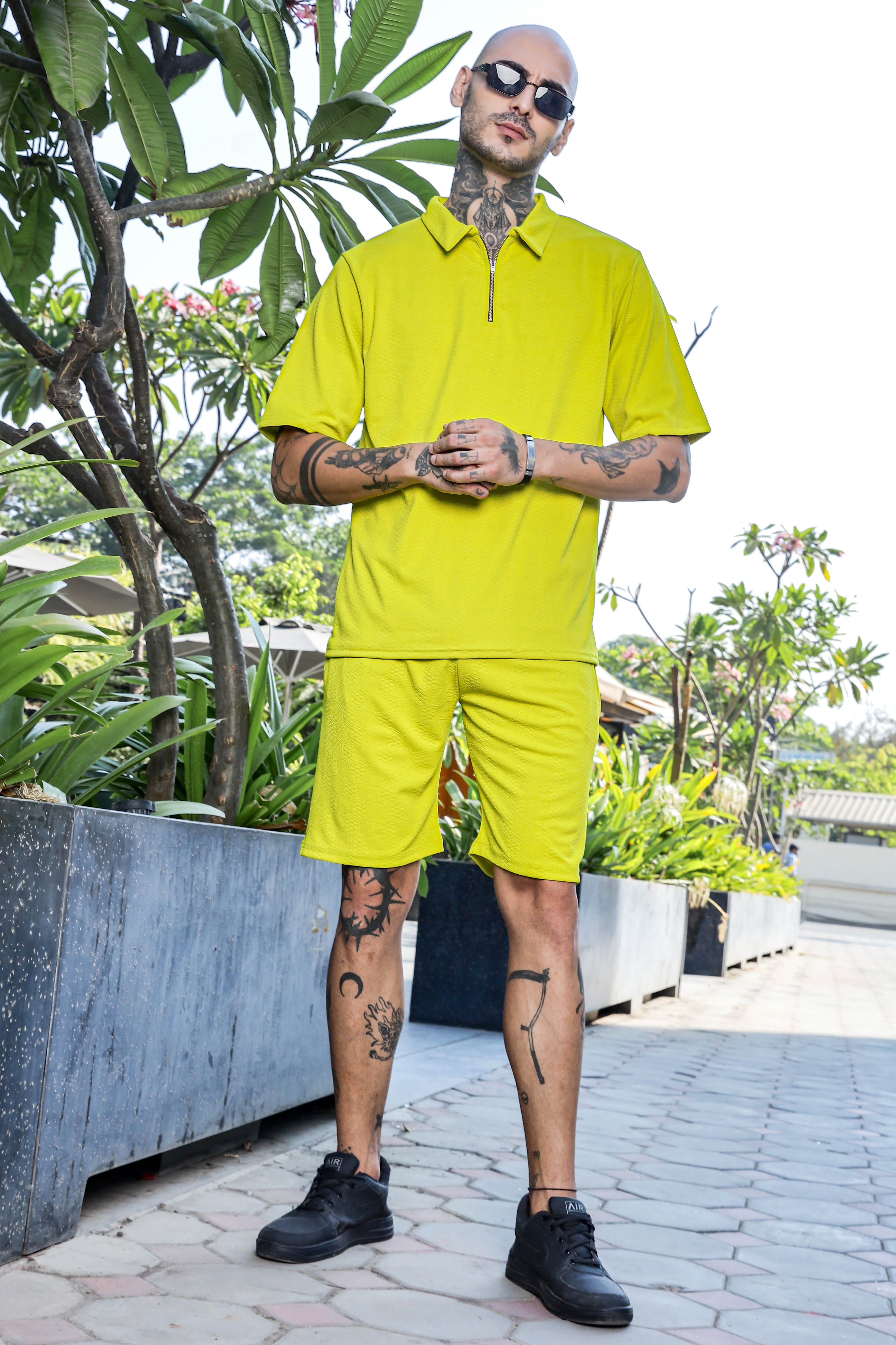 Unisex Lime Green Textured Oversized Polo Neck Tee & Shorts Co-ord Set