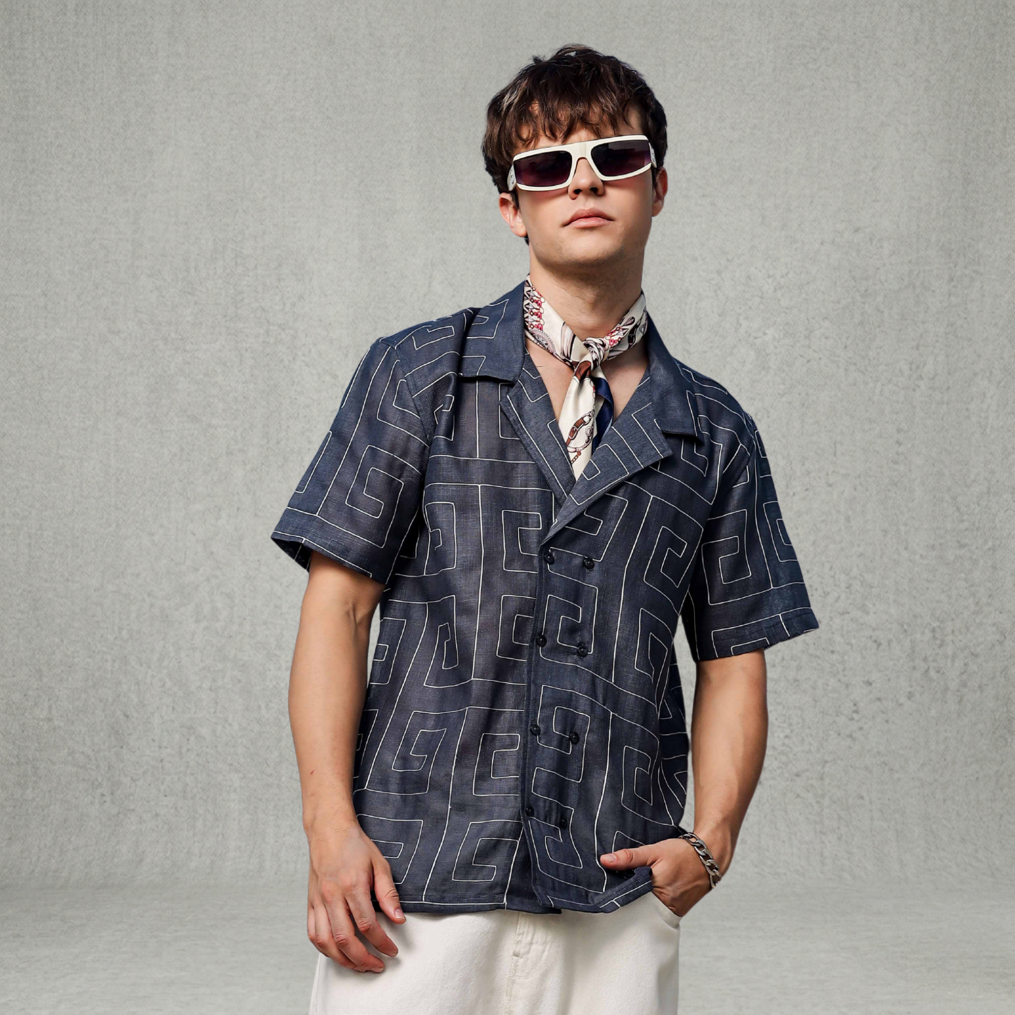 Blue Linen Embroidered Notched Lapel Korean Shirt & All Day Lounge Pants Co-ord Set