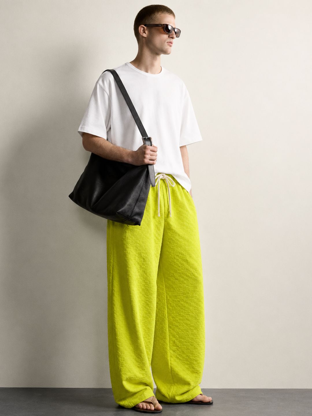 Neon Green Textured Relaxed-Fit Mid-Rise Korean Pant