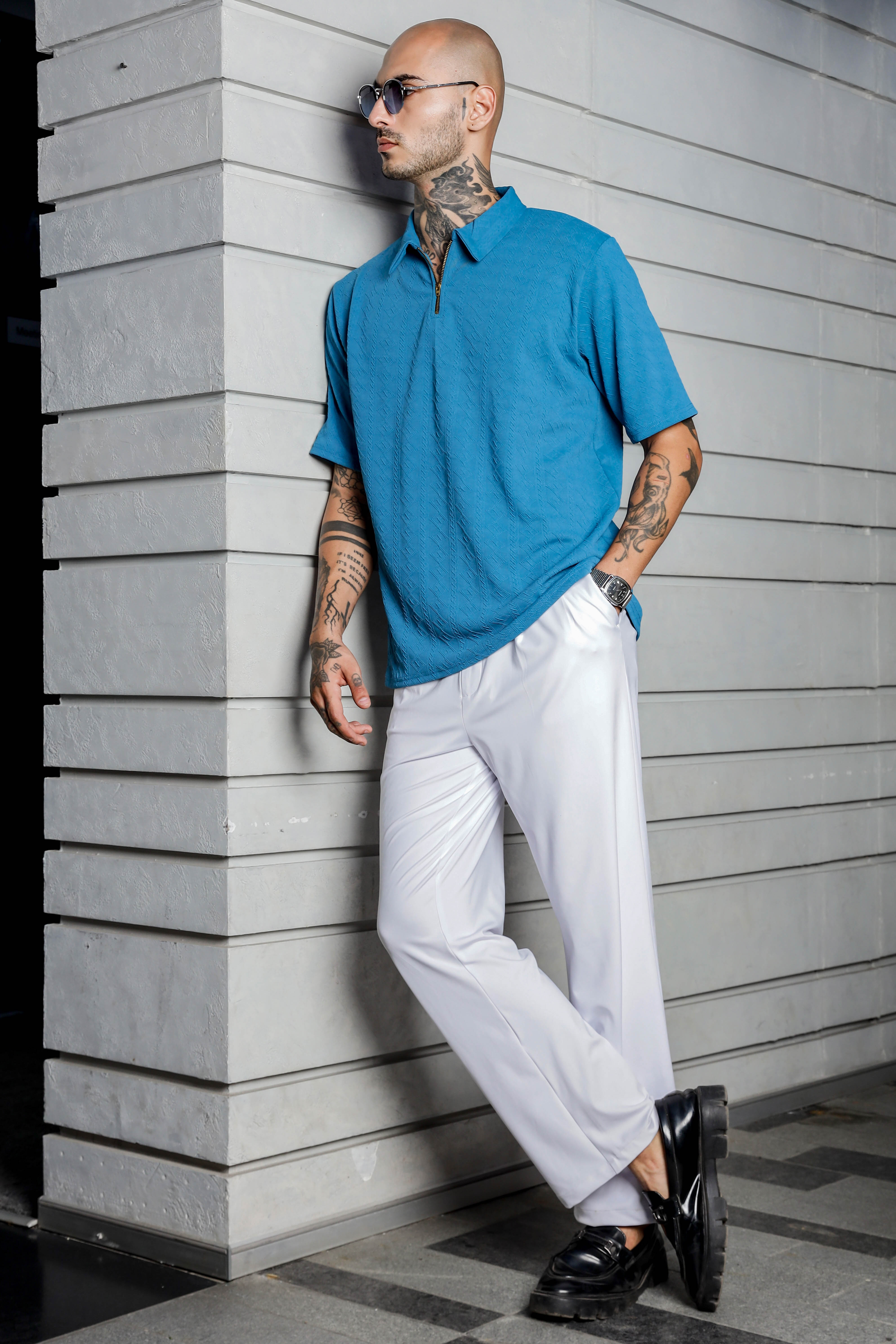 Unisex Blue Textured Polo Neck Oversized T-shirt