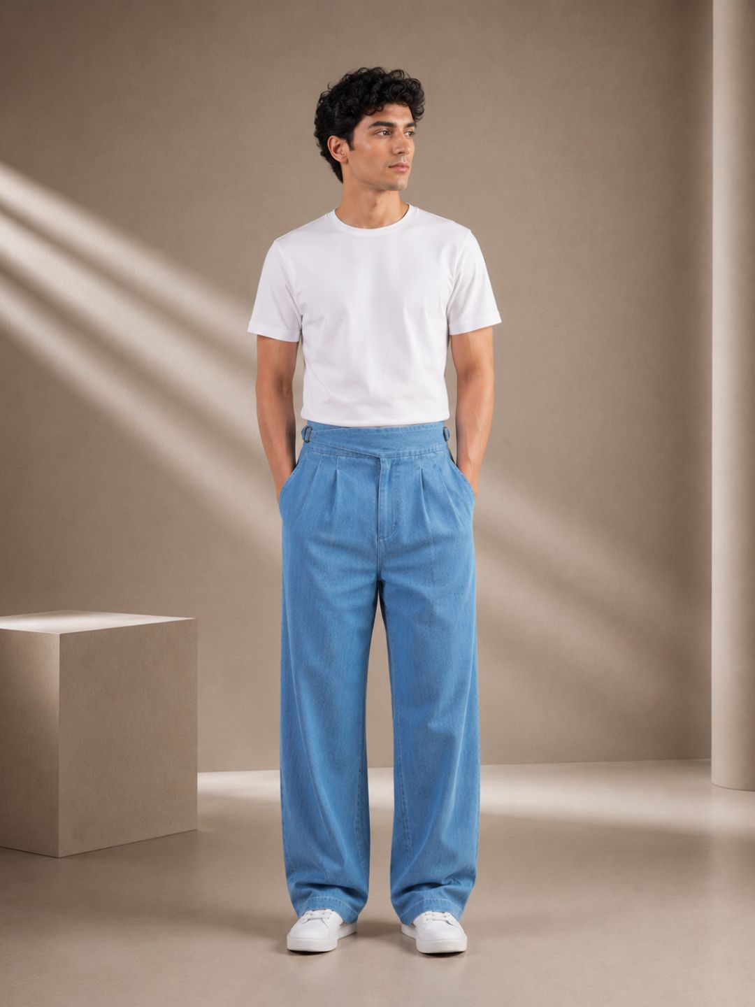 Blue Denim Baggy Fit Gurkha Trousers with Double Pleated Front
