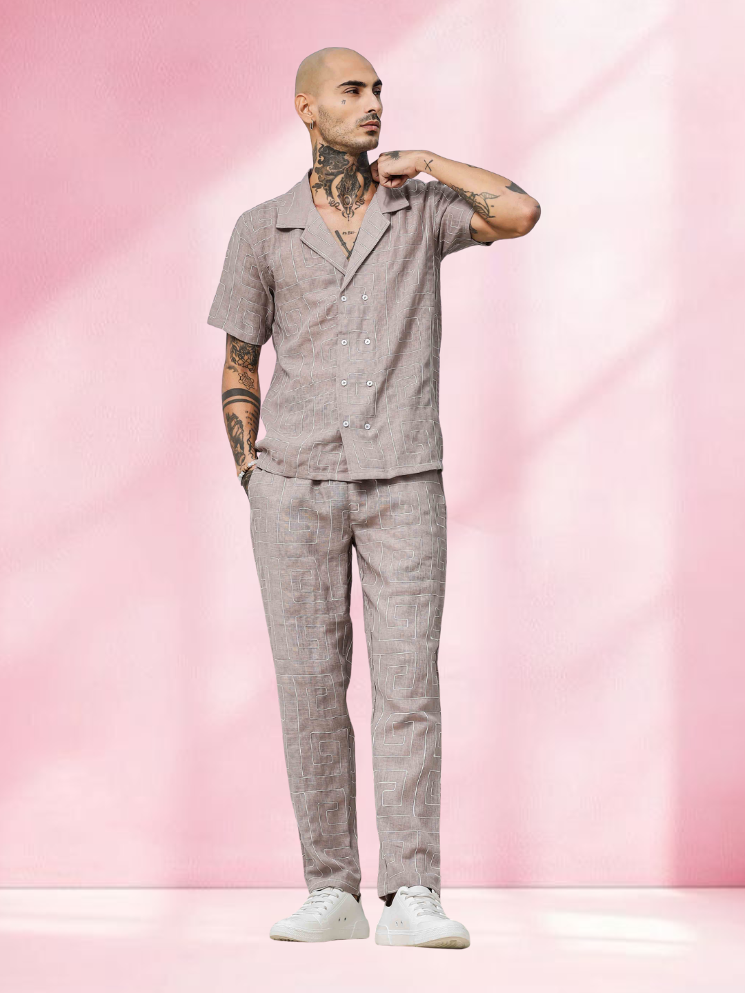 Beige Linen Notched Lapel Shirt & All Day Lounge Pants Embroidered Co-ord Set