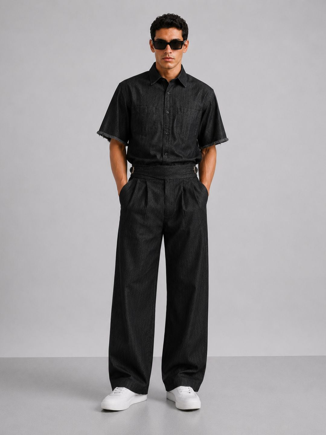 Co-Ord Set Black Premium Denim Gurkha Pant & Half Sleeve Shirt Relaxed Fit