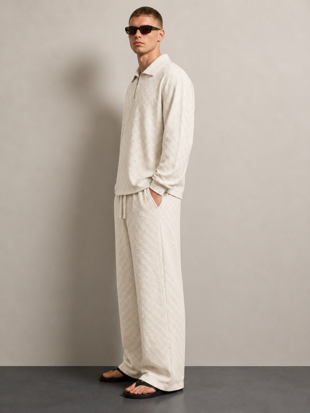 Off-White Textured Oversized Full Sleeve Polo Neck Tee & Trackpant Co-ord Set