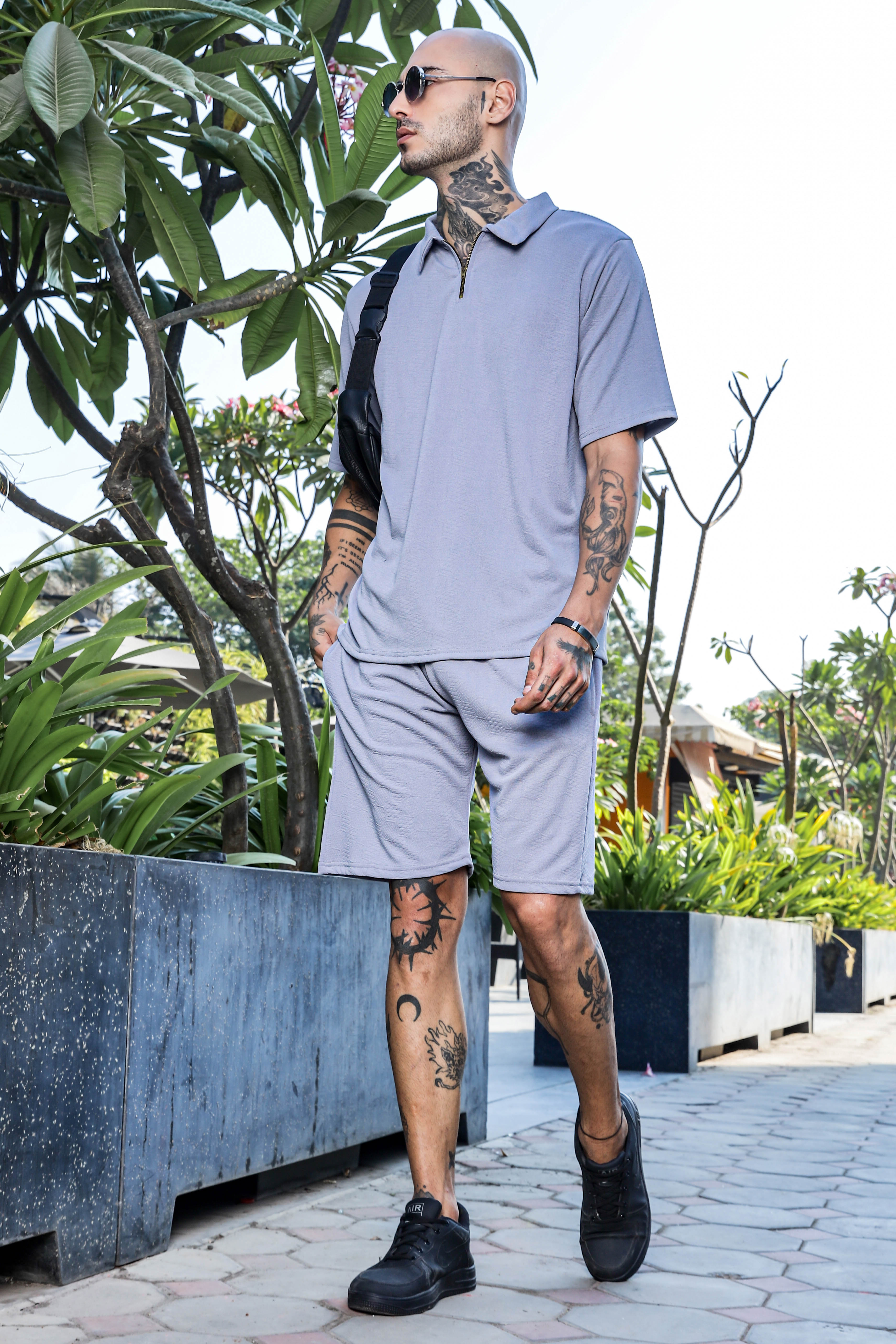 Unisex Grey Textured Oversized Polo Neck Tee & Shorts Co-ord Set