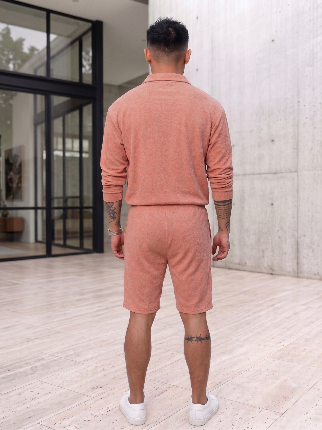 Unisex Brown Textured Relaxed Fit Full Sleeve Polo T-Shirt & Shorts Co-ord Set