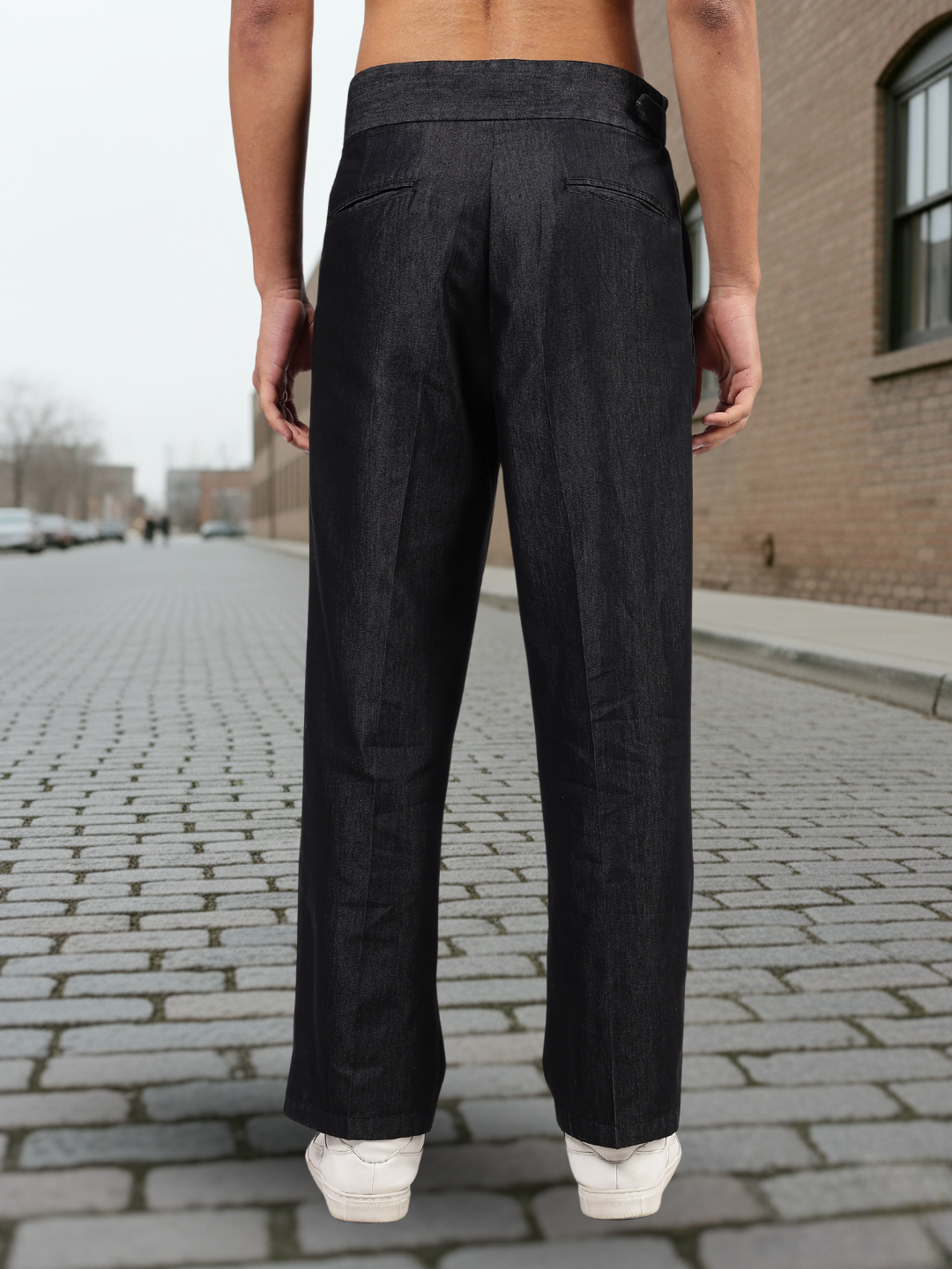 Black Premium Denim Gurkha Trousers with Double Pleated Front