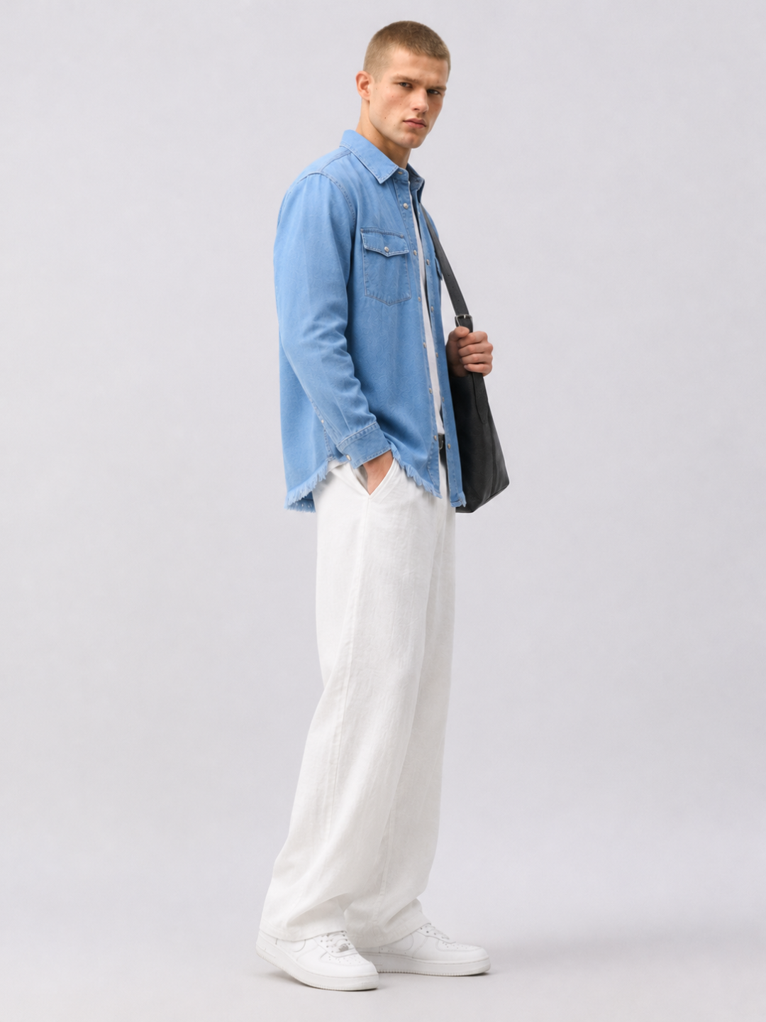 Blue Denim Raw Edge Oversized Relaxed Fit Spread Collar Premium Shirt