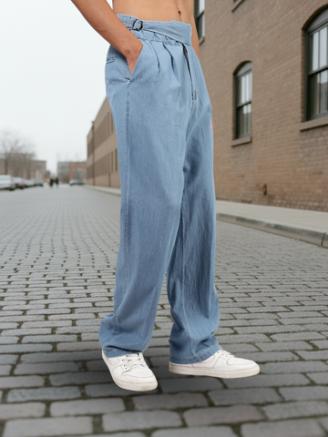 Light Blue Premium Denim Gurkha Trousers with Double Pleated Front