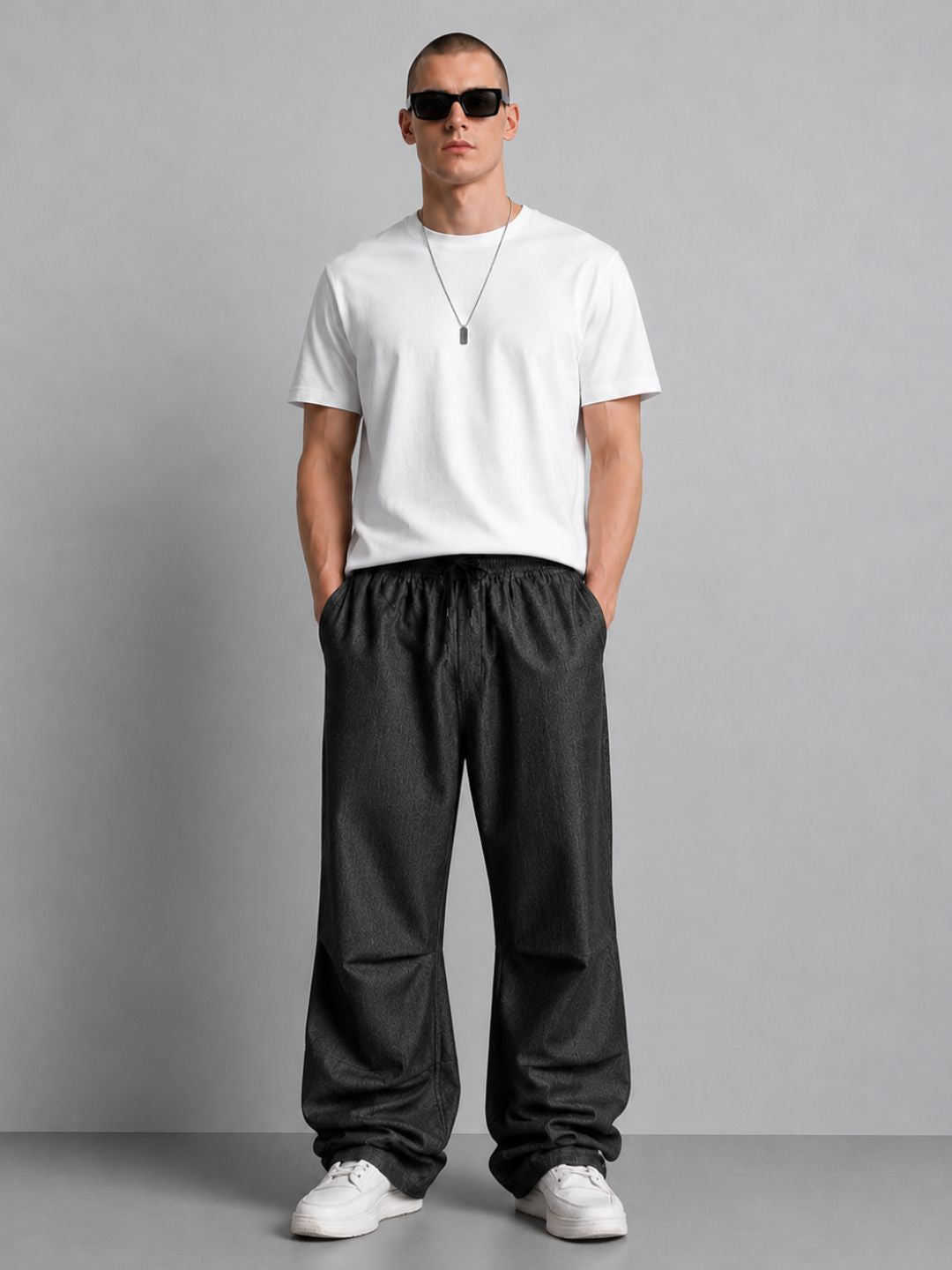 Black Relaxed Fit Drawstring Premium Denim Parachute Cargo