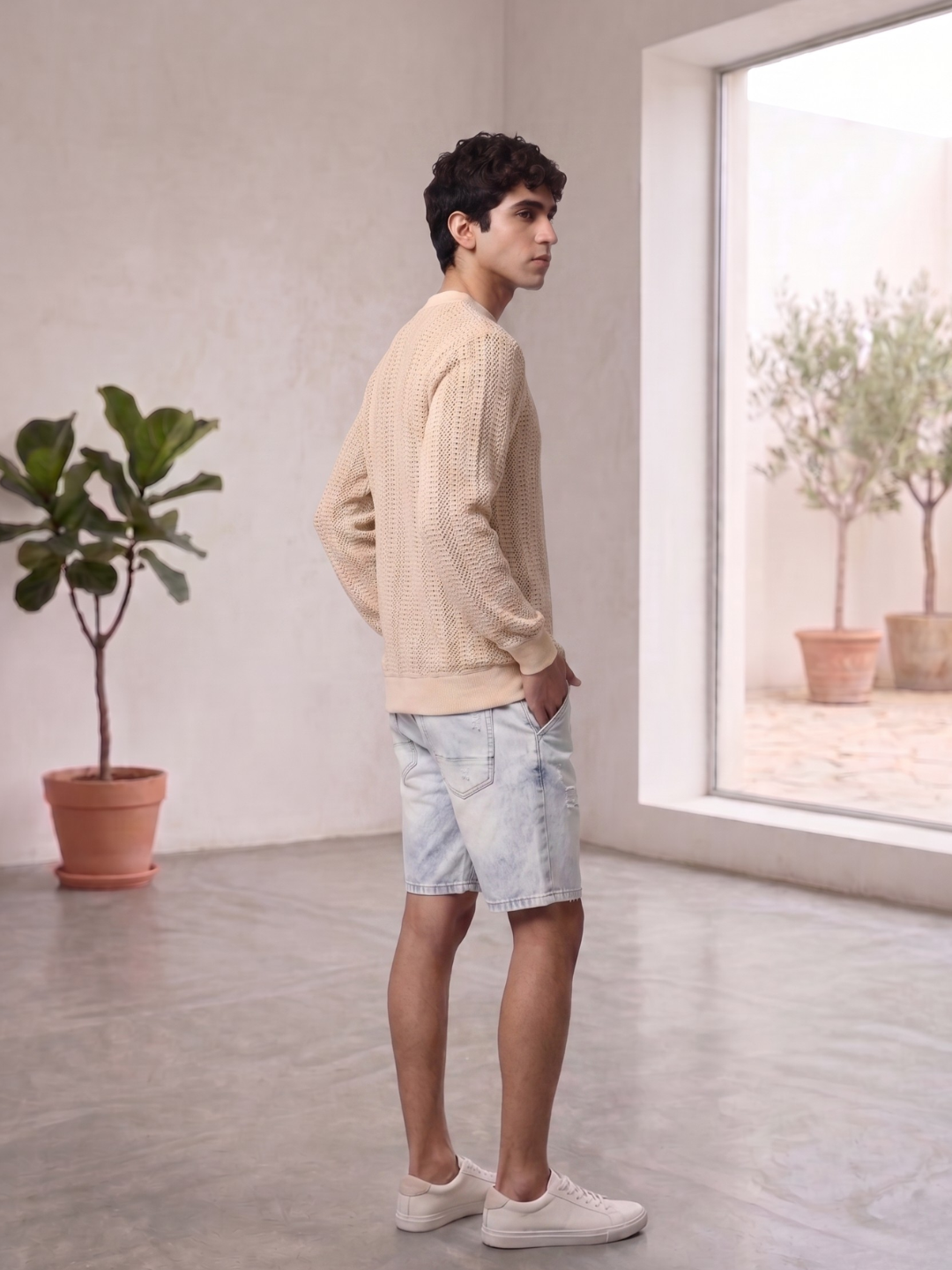 Beige Oversized Fit Premium Pure Cotton Crochet T-Shirt