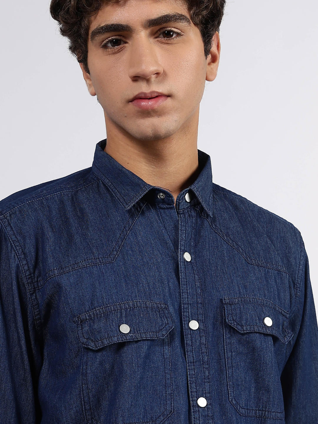 Navy Blue Raw Edge Oversized Relaxed Fit Spread Collar Premium Denim Shirt