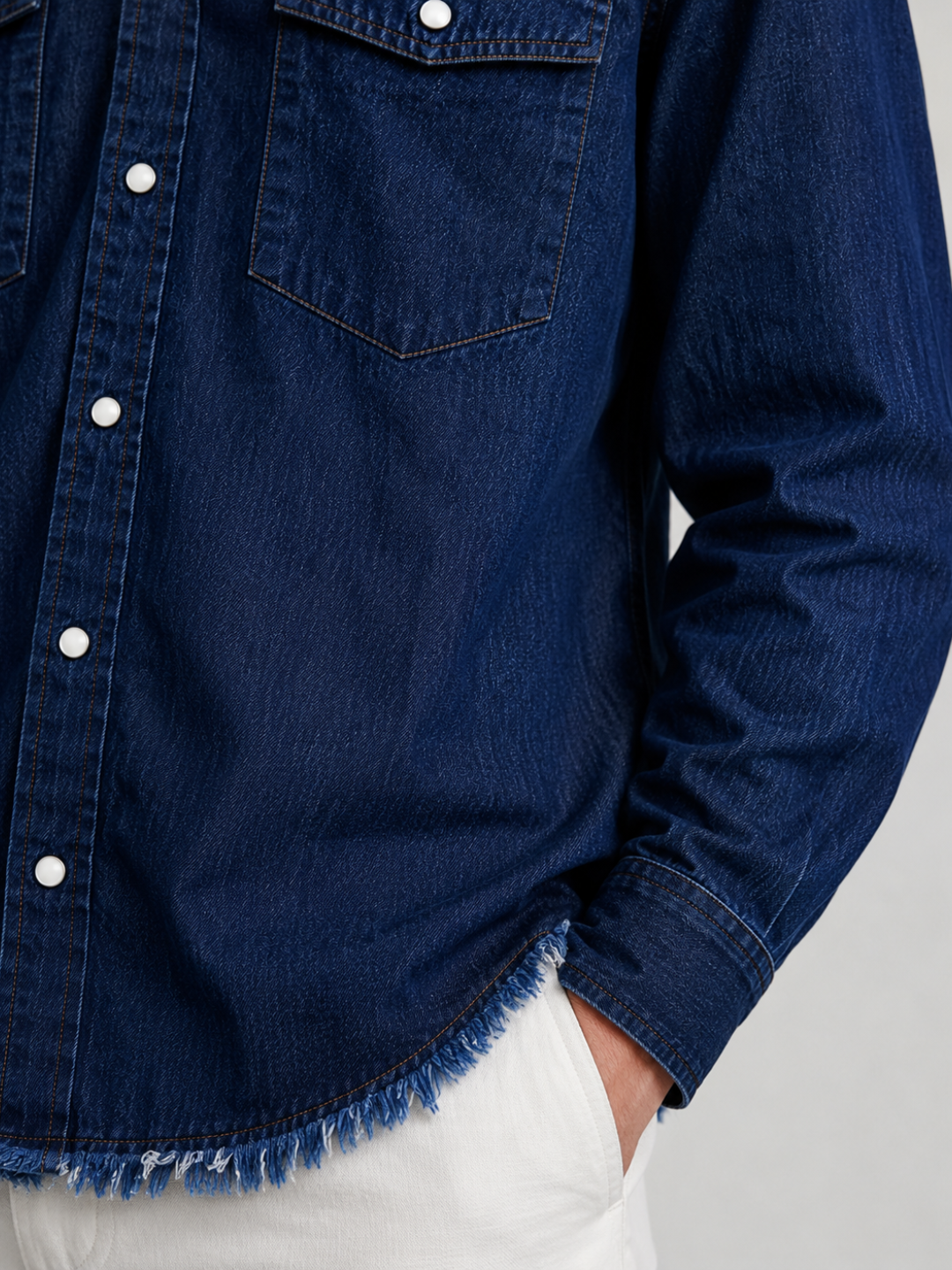 Navy Blue Raw Edge Oversized Relaxed Fit Spread Collar Premium Denim Full Sleeve Shirt