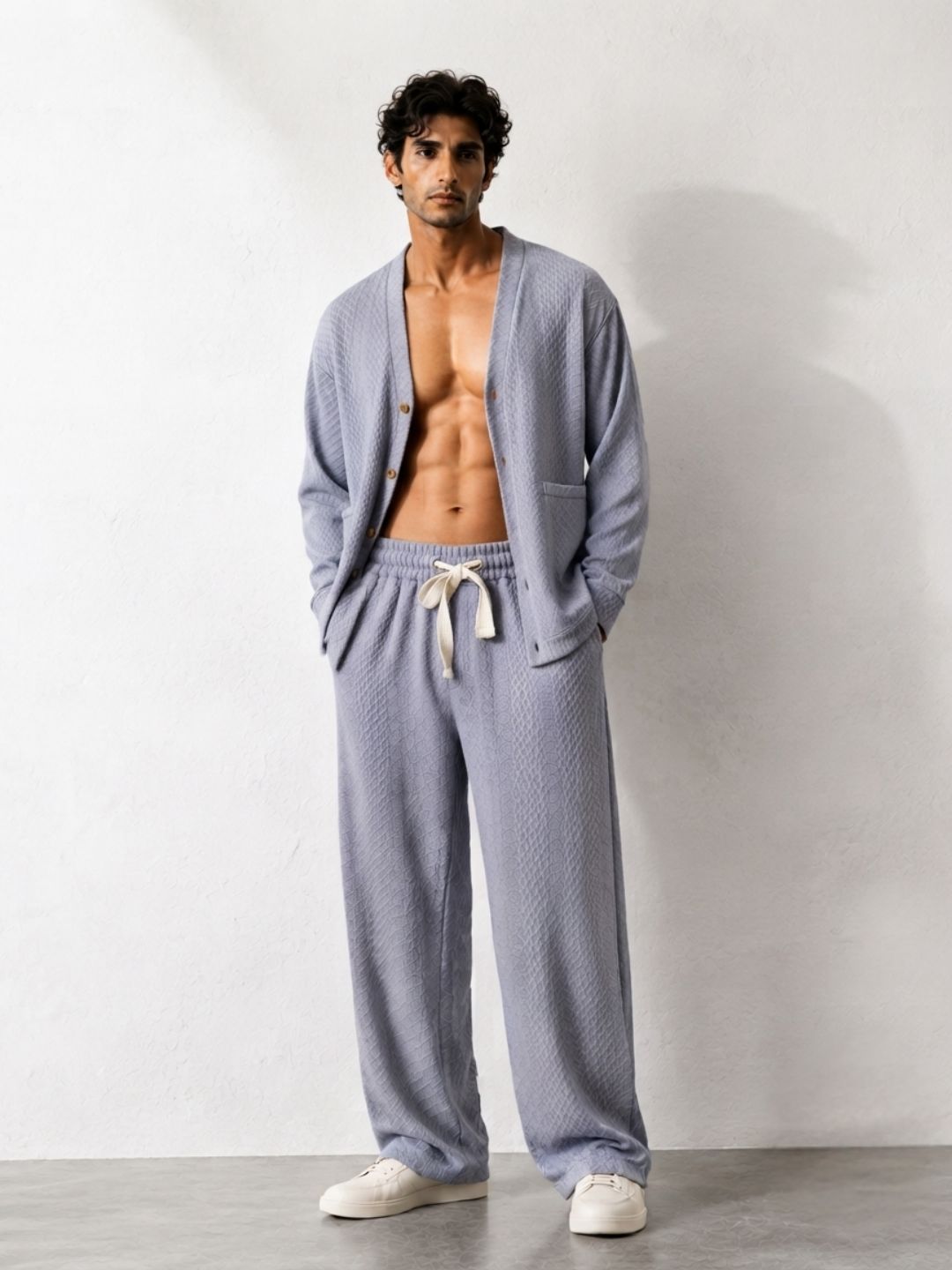 Grey Textured Oversized Full Sleeve Cardigan/Shawl Neck Tee & Trackpant Co-ord Set