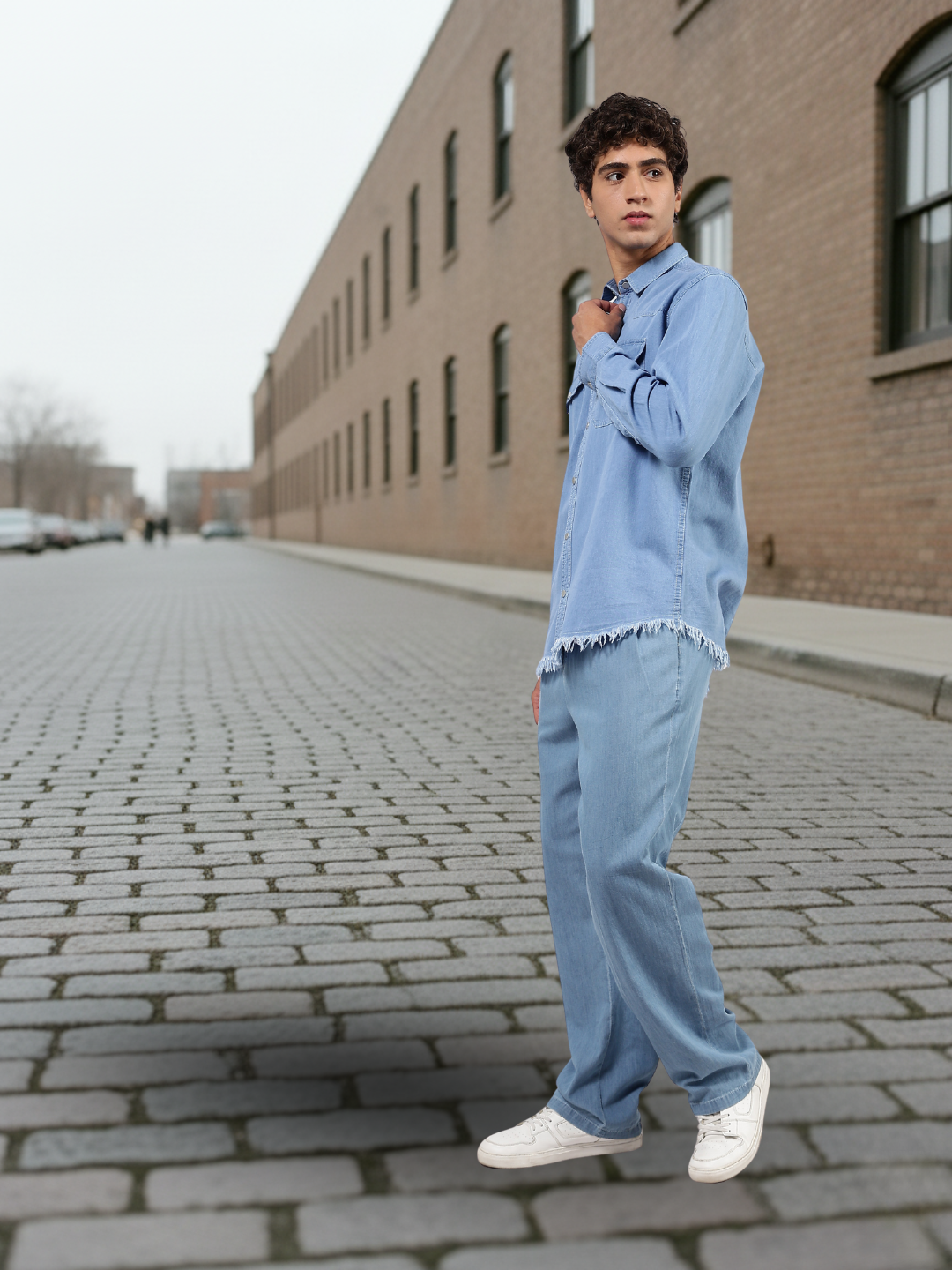 Co-Ord Set Blue Premium Denim Gurkha Pant & Full Shirt Relaxed Fit