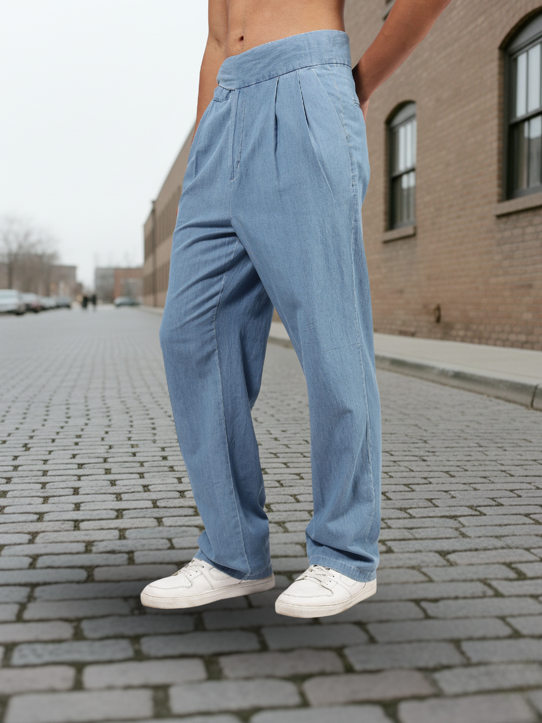 Light Blue Premium Denim Gurkha Trousers with Double Pleated Front