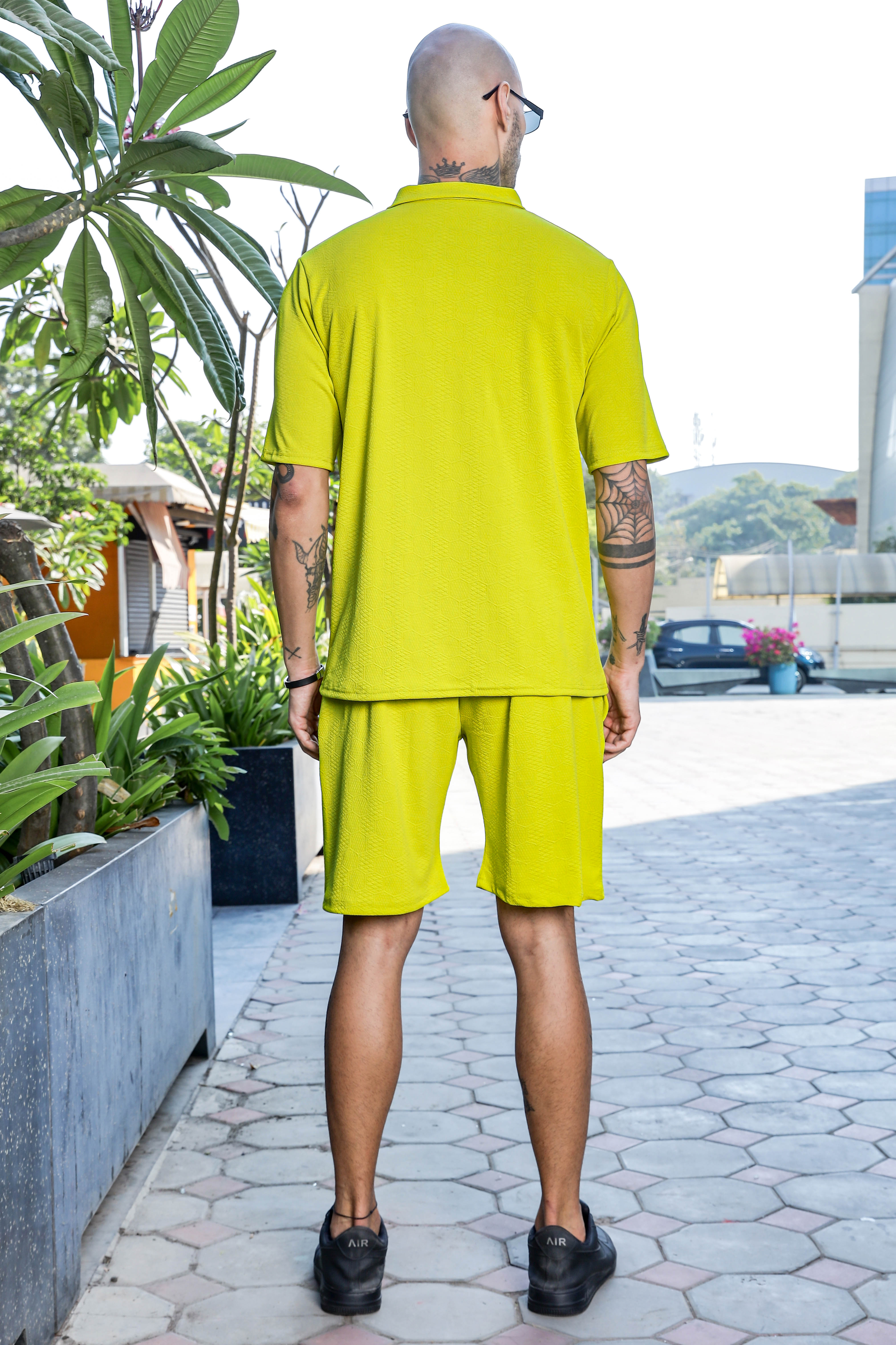 Unisex Lime Green Textured Oversized Polo Neck Tee & Shorts Co-ord Set