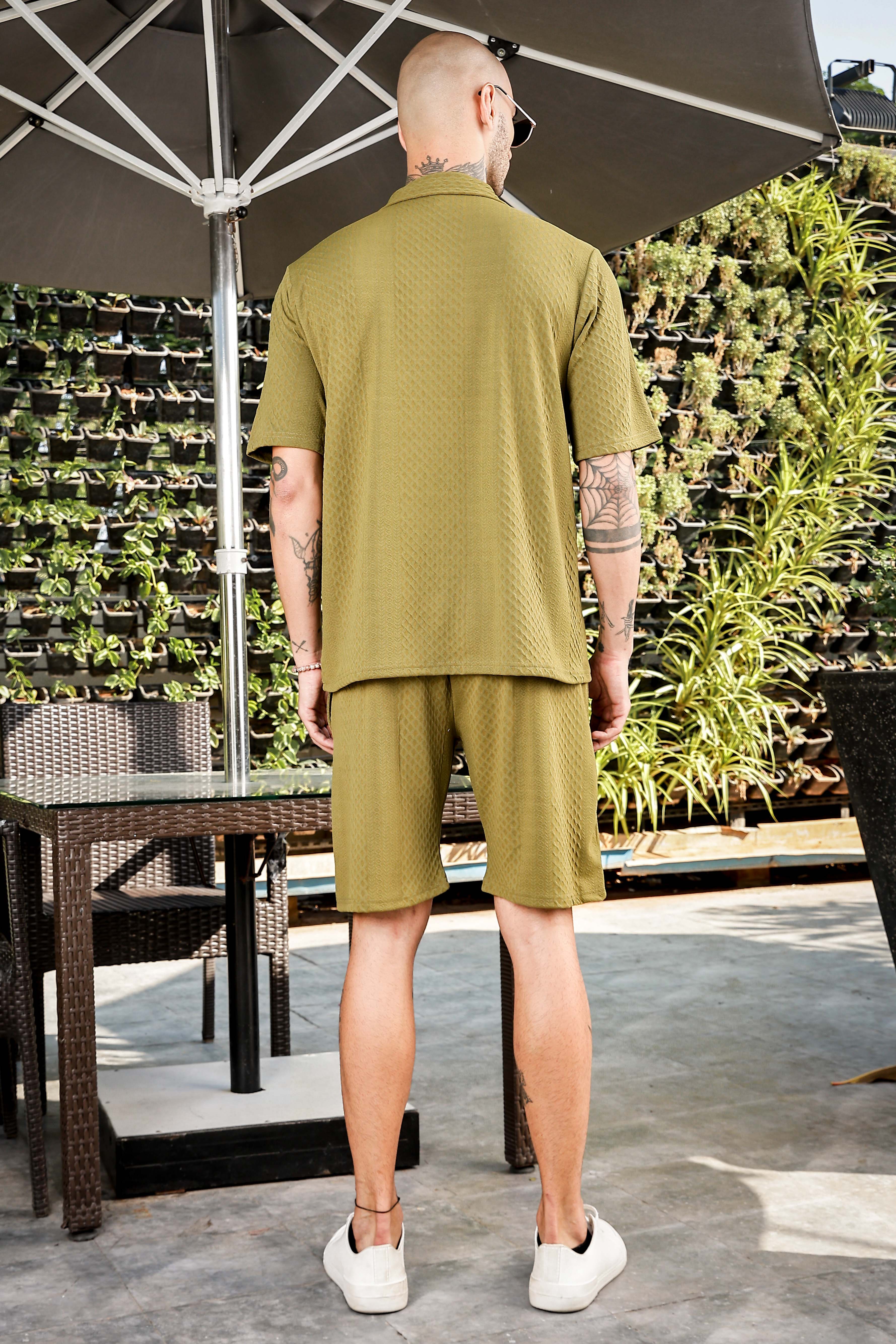 Unisex Olive Textured Oversized Polo Neck Tee & Shorts Co-ord Set
