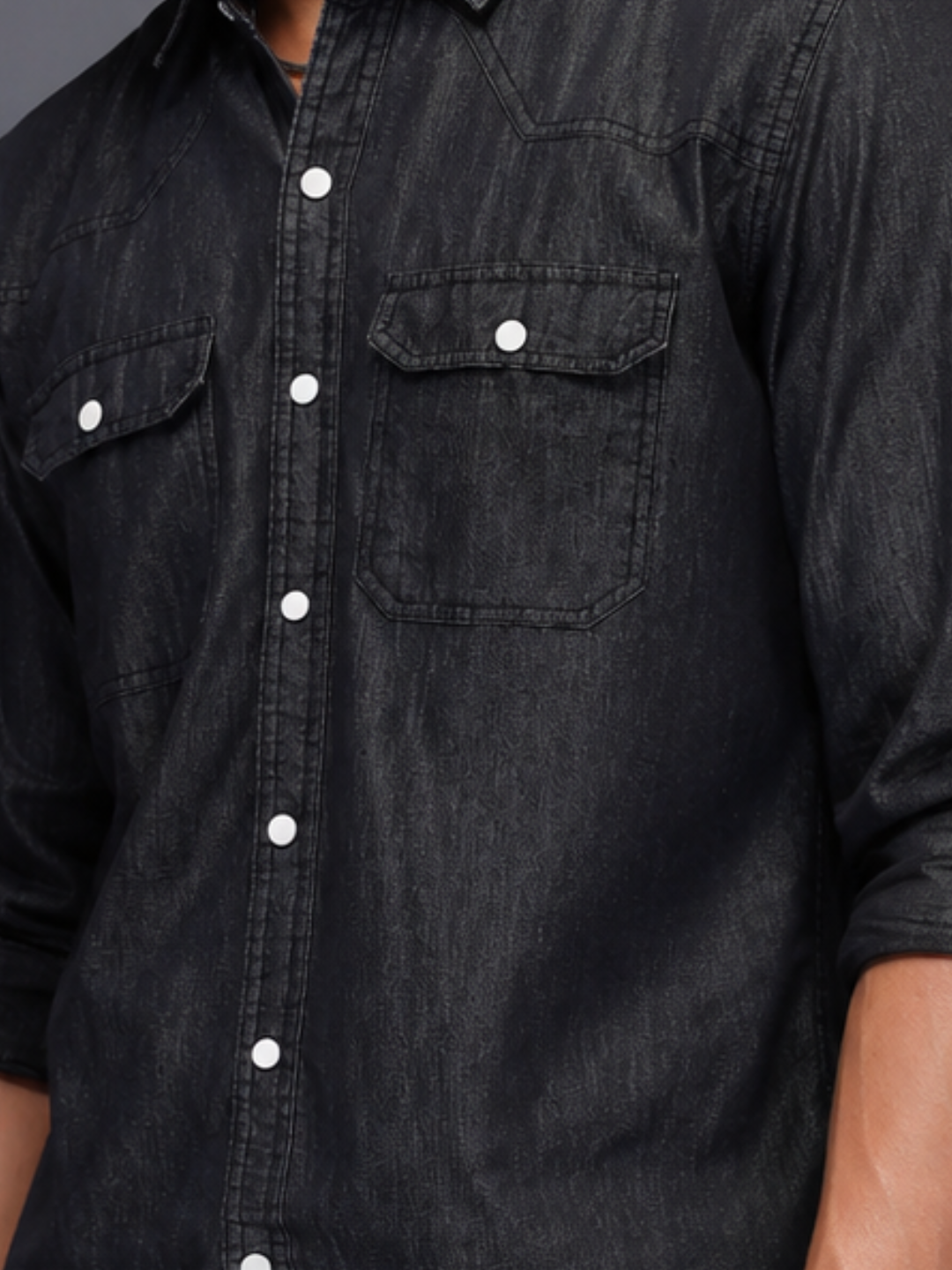 Black Raw Edge Oversized Relaxed Fit Full Sleeve Spread Collar Premium Denim Shirt