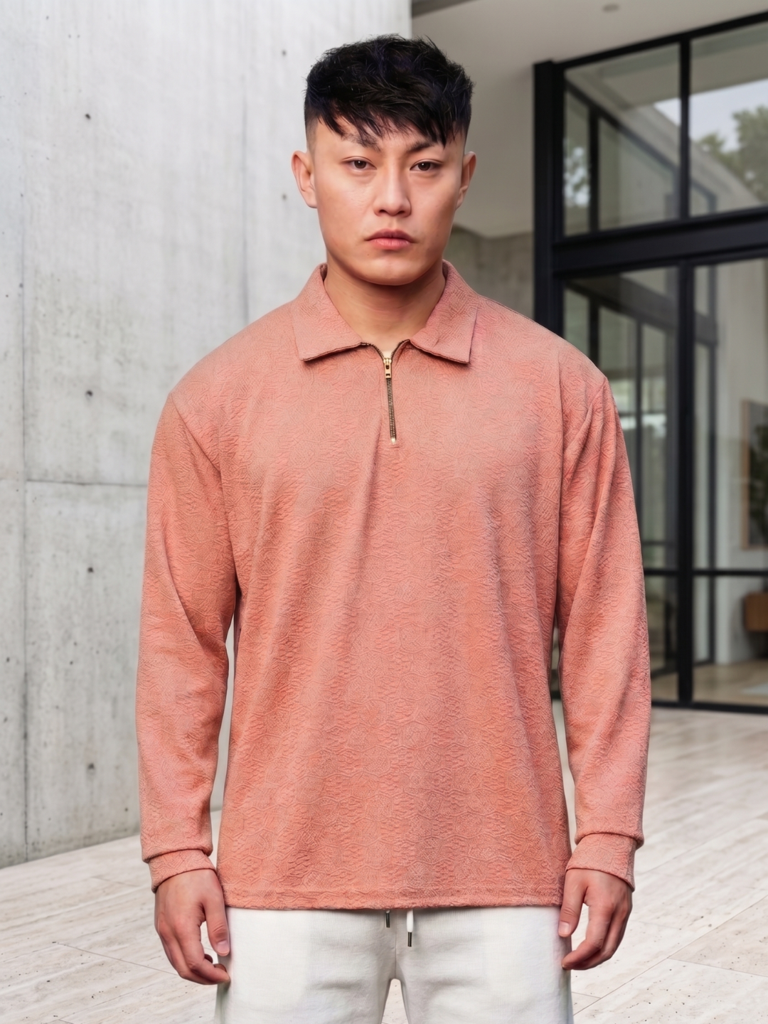 Unisex Brown Textured Relaxed Fit Full Sleeve Polo T-Shirt & Shorts Co-ord Set