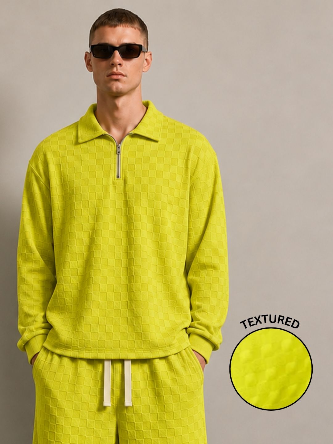 Lime Green Textured Oversized Full Sleeve Polo Neck Tee & Trackpant Co-ord Set