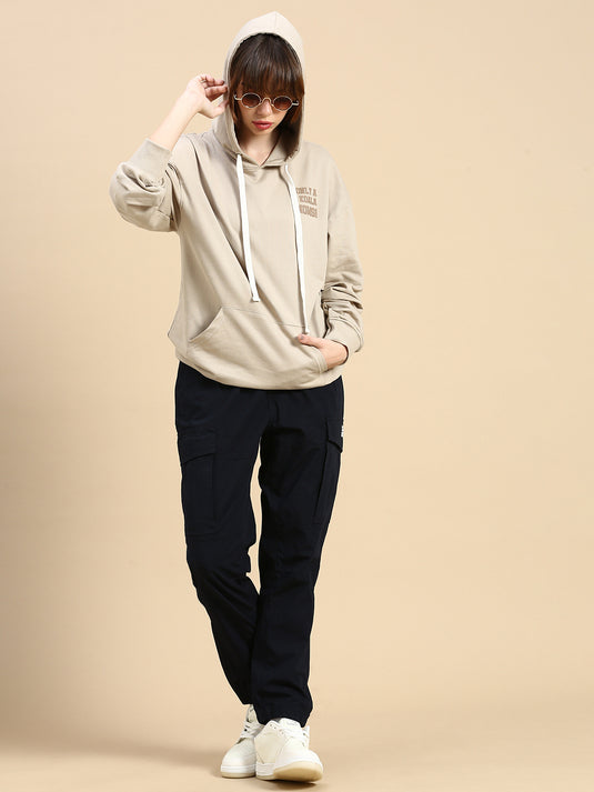 Unisex Beige Relaxed Fit Printed Hoodie Sweatshirt