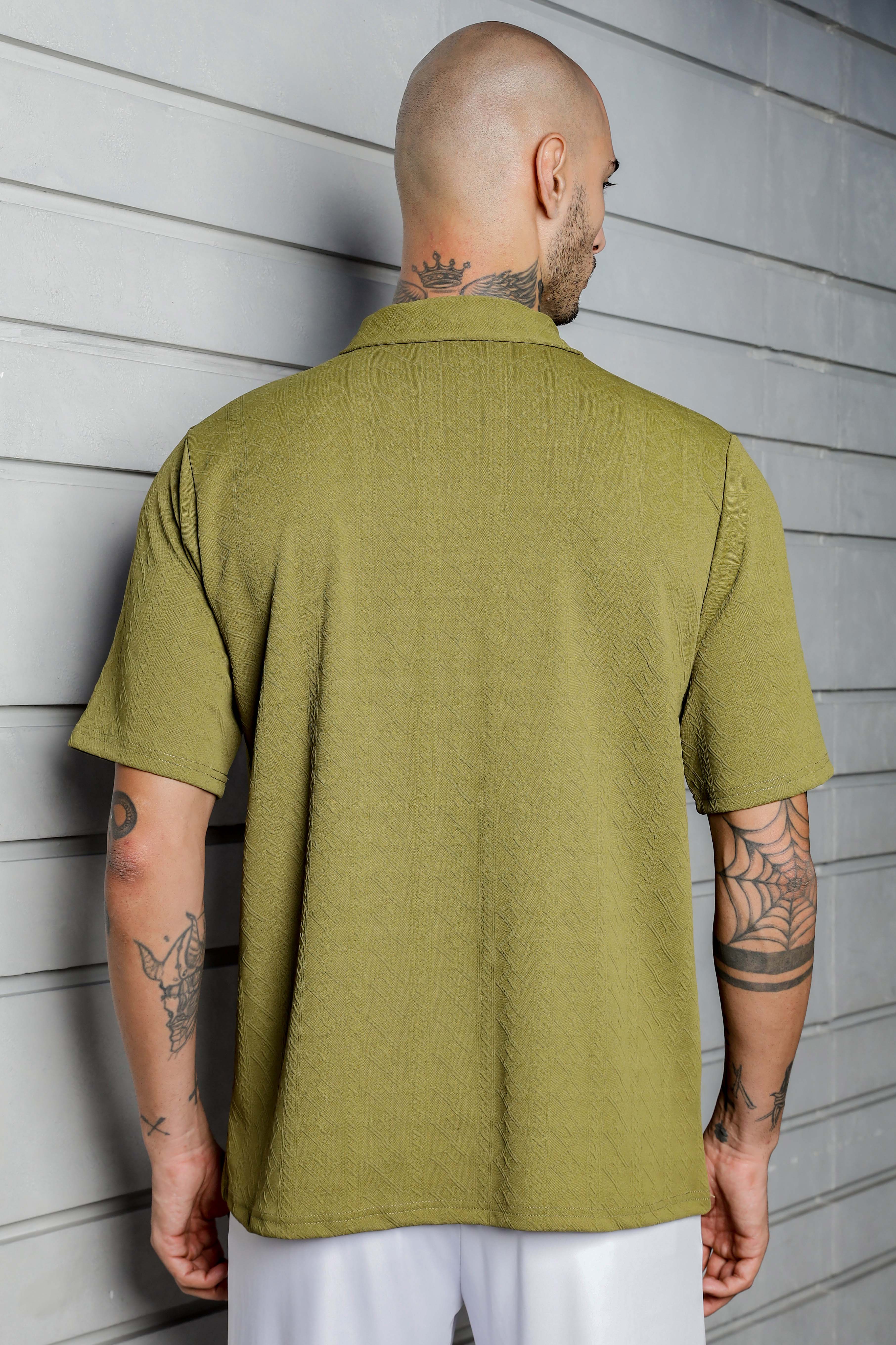 Unisex Olive Textured Polo Neck Oversized T-shirt