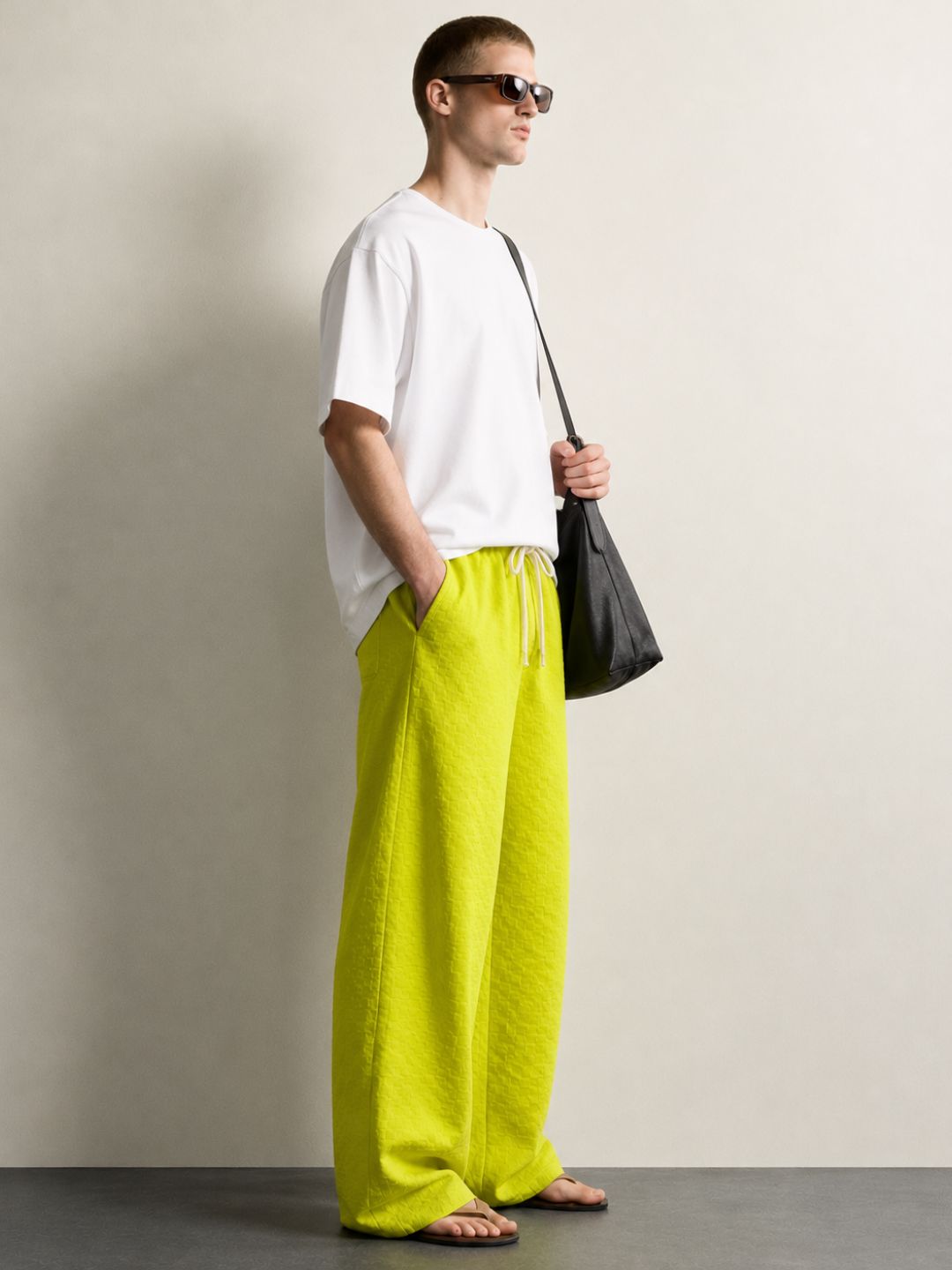 Neon Green Textured Relaxed-Fit Mid-Rise Korean Pant