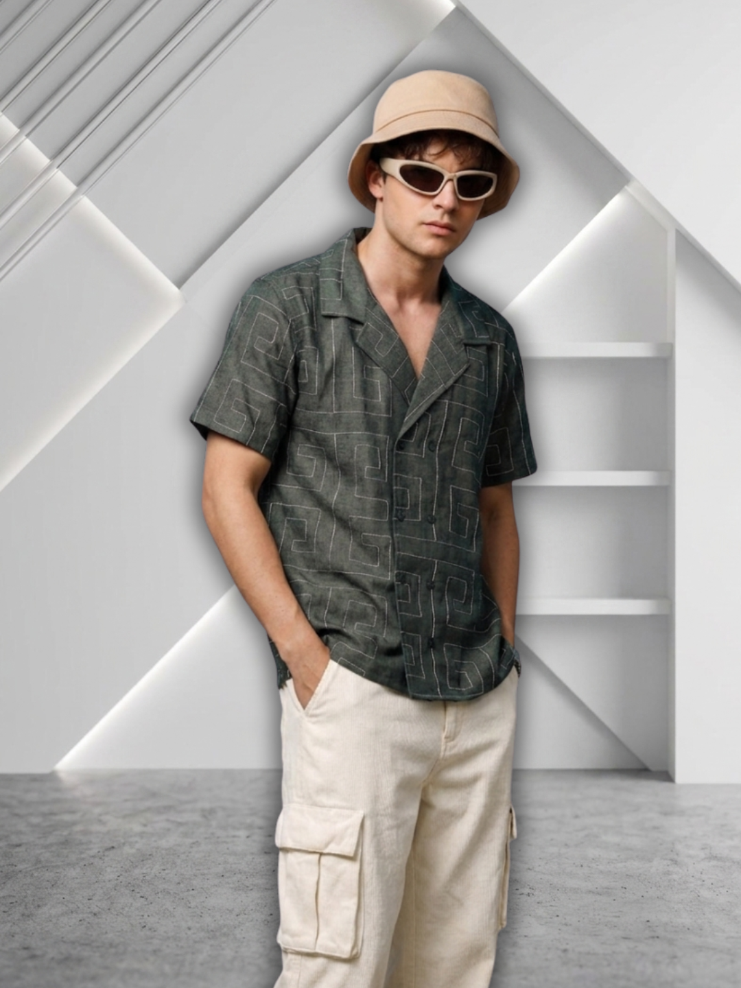 Olive Korean Linen Blend Embroidered Notched Lapel Collar Resort Shirt