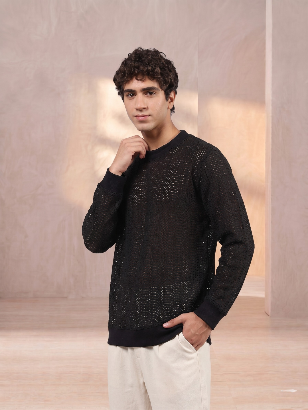 Black Oversized Fit Premium Pure Cotton Crochet T-Shirt