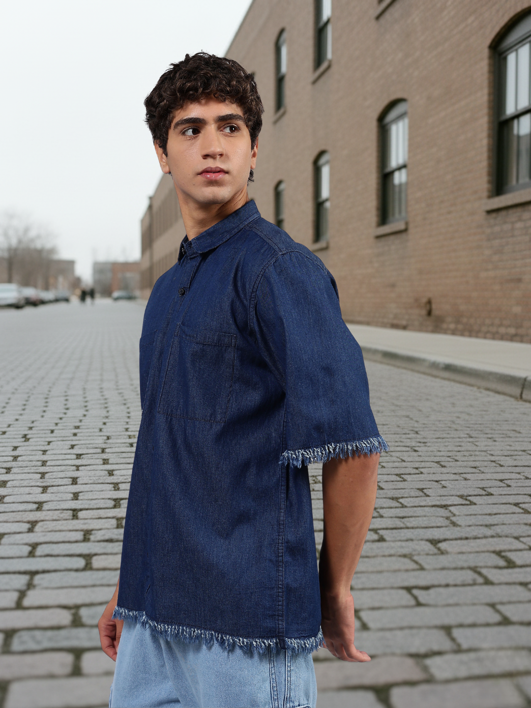 Navy Blue Raw Edge Oversized Box-Fit Spread Collar Premium Denim Shirt