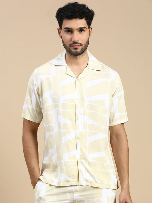 Unisex Cubano Beige Printed Relaxed Fit Resort Shirt