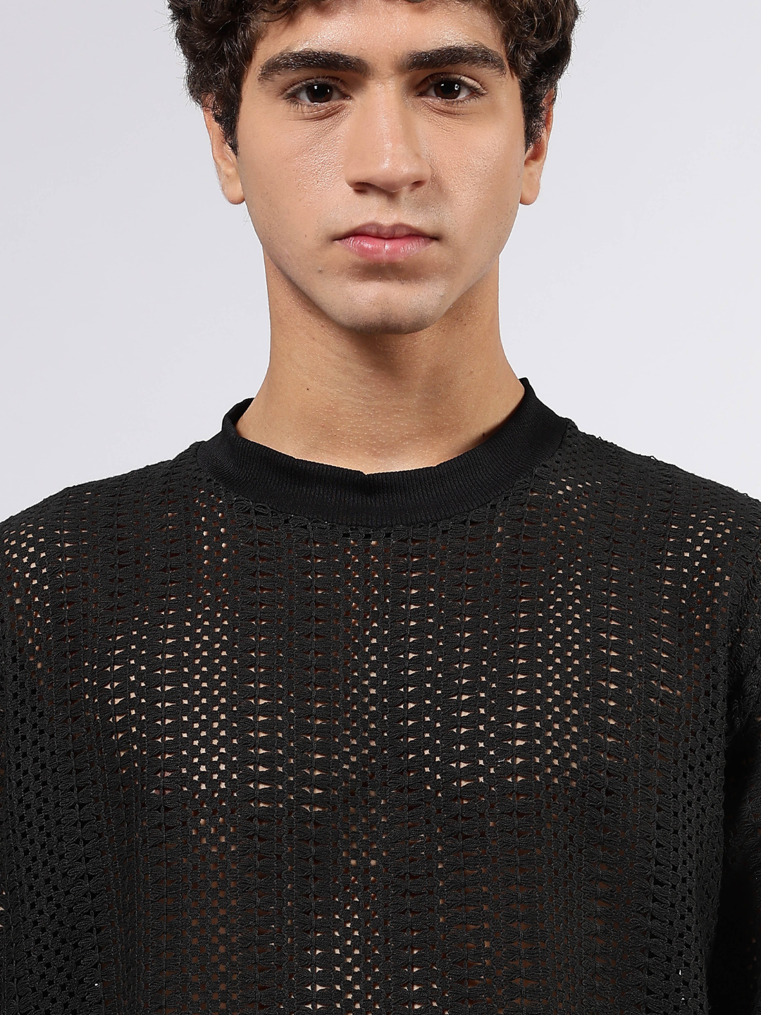 Black Oversized Fit Premium Cotton Crochet Pullover