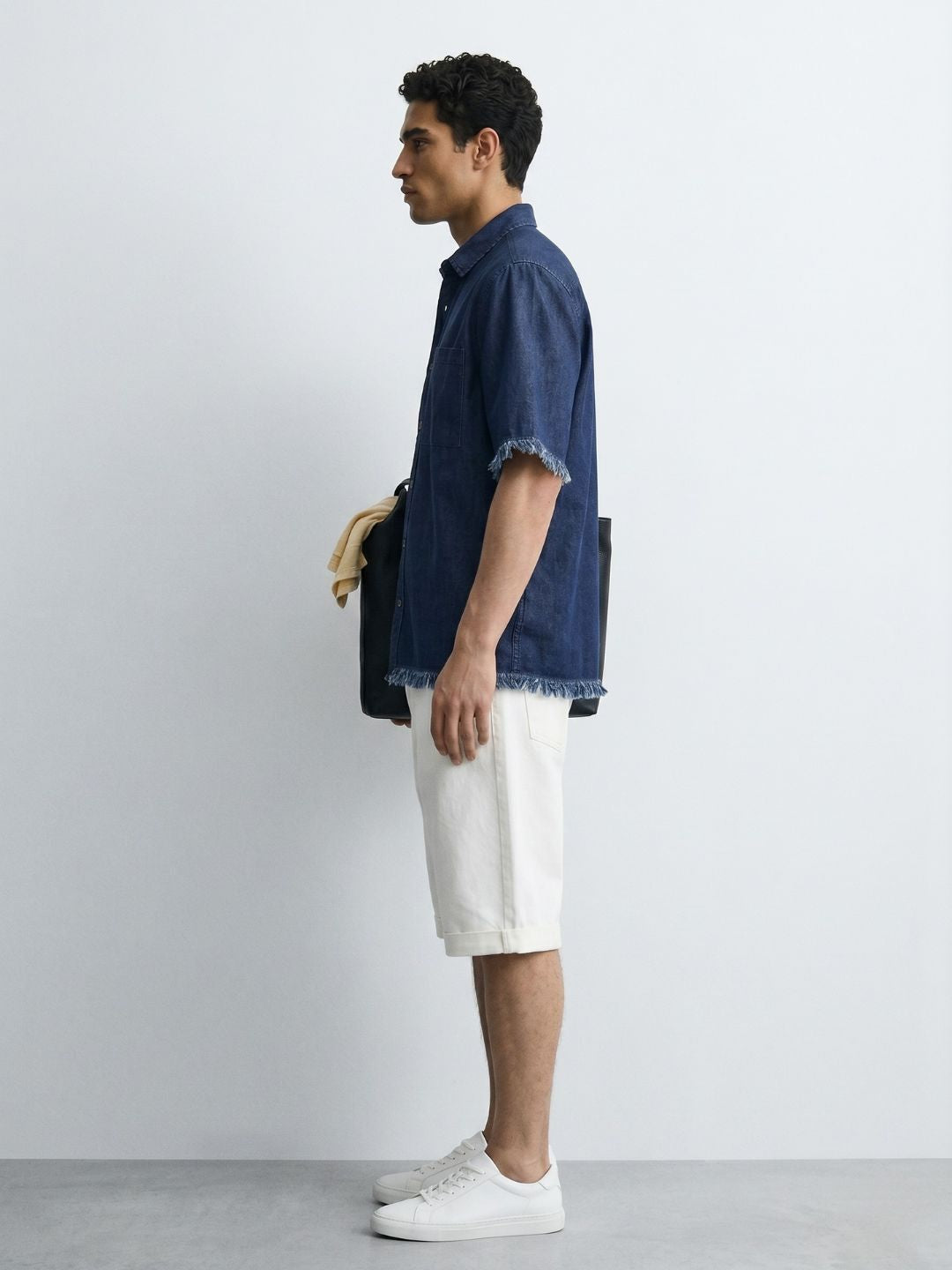 Navy Denim Raw Edge Oversized Box-Fit Spread Collar Half Sleeve Shirt