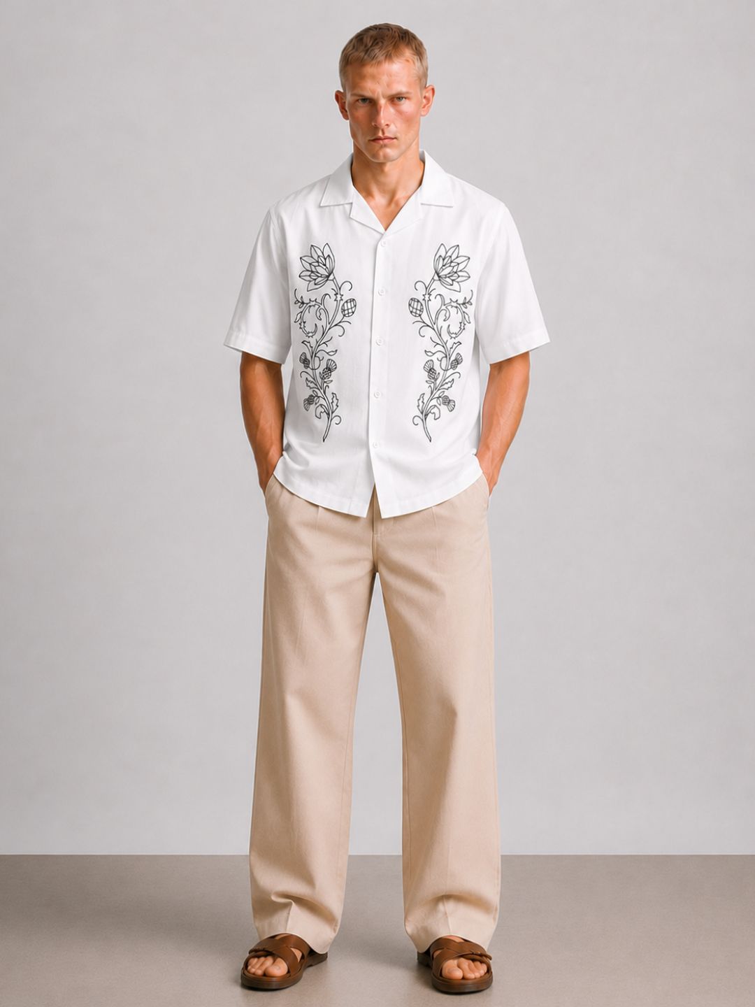 White Embroidered Relaxed Fit Oversized Half Sleeve Casual Resort Shirt