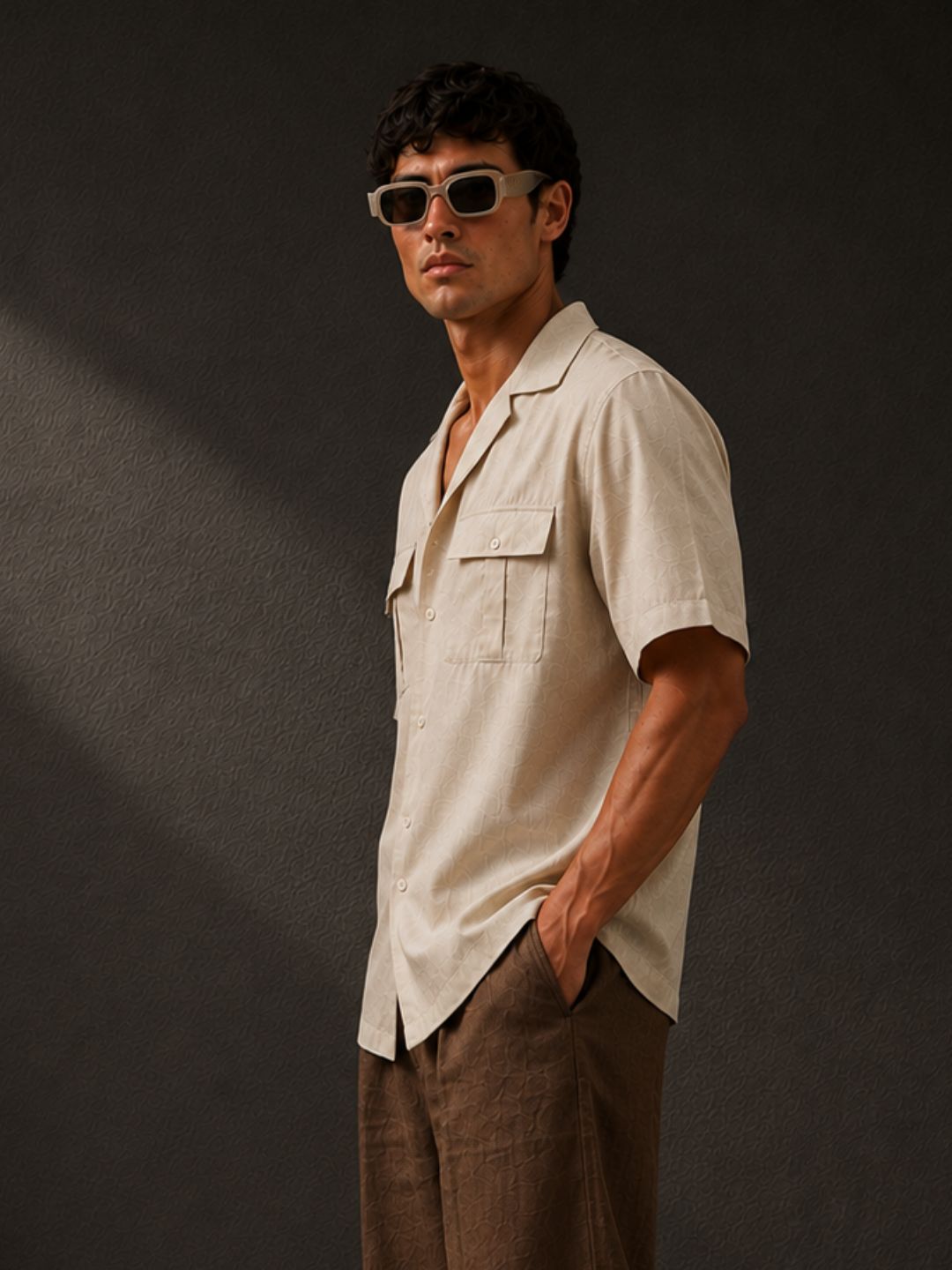 Linen Blend Beige Cuban Collar Classic Relaxed Fit Shirt