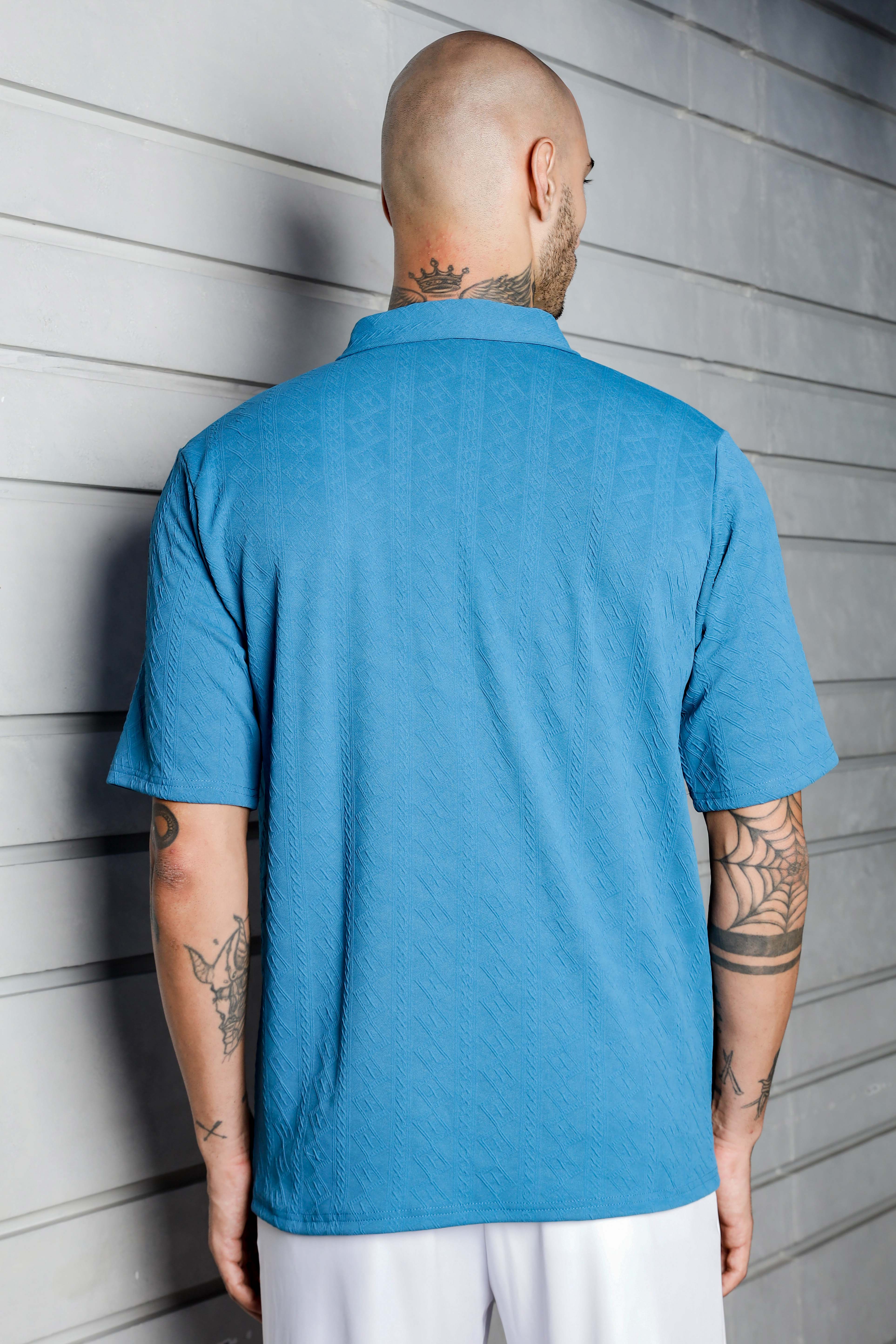 Unisex Blue Textured Polo Neck Oversized T-shirt