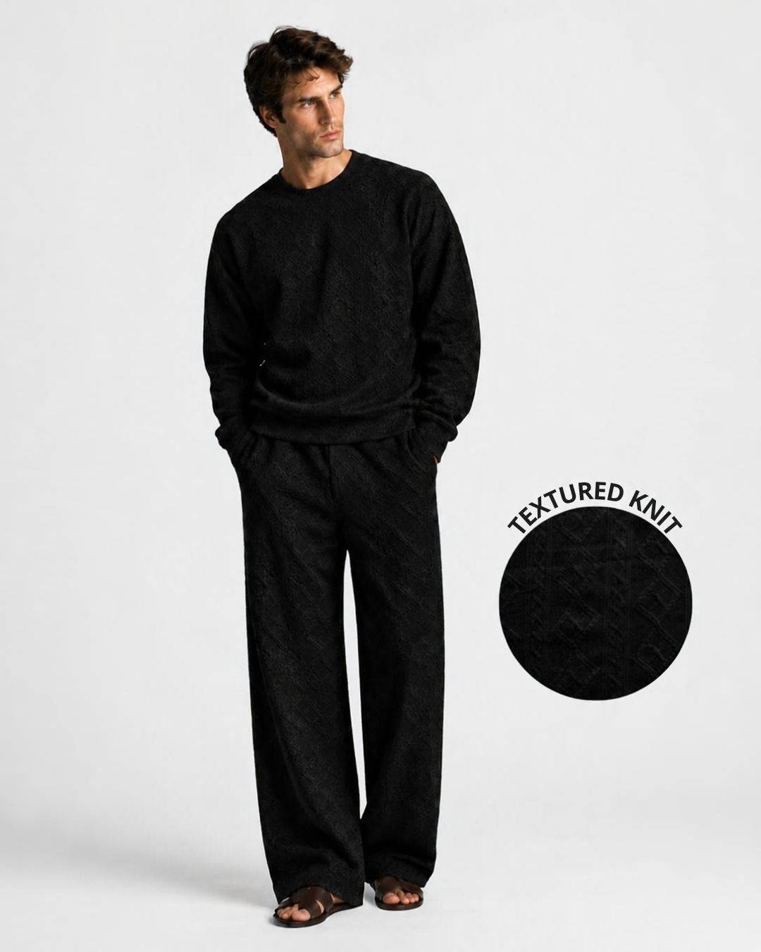Black Textured Oversized Full Sleeve Sweatshirt & Trackpant Co-ord Set
