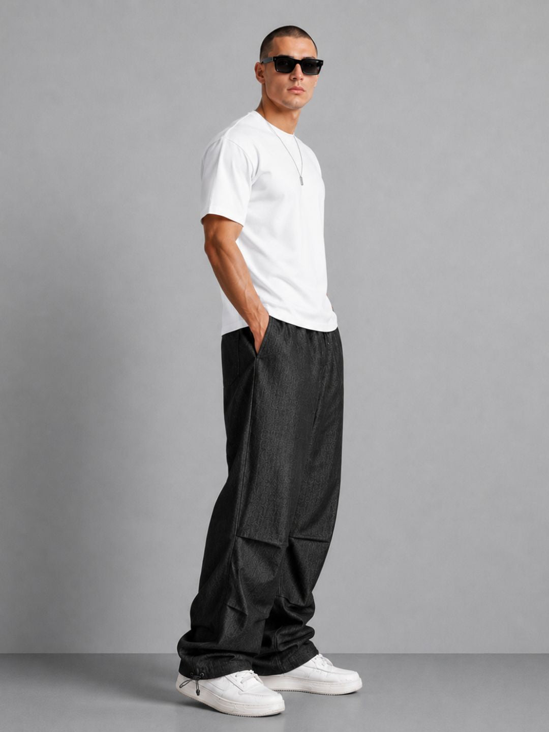 Black Relaxed Fit Drawstring Premium Denim Parachute Cargo